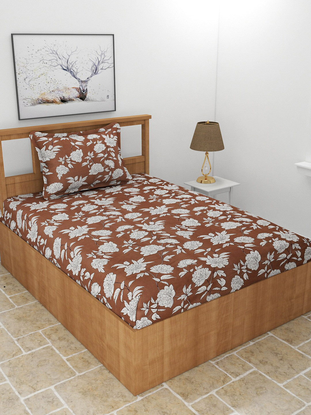 BREVARD Maple Coffee Brown Floral Polycotton 210 TC Single Fine Bedsheet with a Pillow Cover-90 x 60 inches
