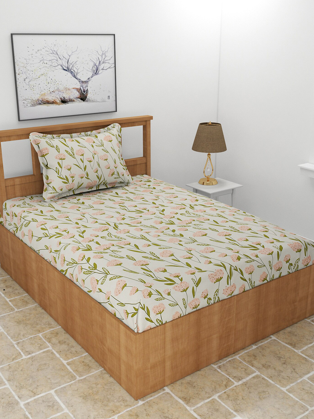 BREVARD Maple Off White Floral Polycotton 210 TC Single Fine Bedsheet with a Pillow Cover-90 x 60 inches