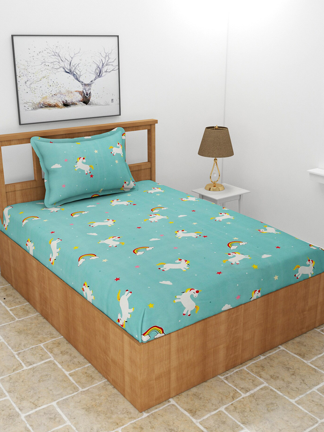 BREVARD Kidzania Blue Cartoon Characters Polycotton 210 TC Single Fine Bedsheet with a Pillow Cover-228 x 152 cm
