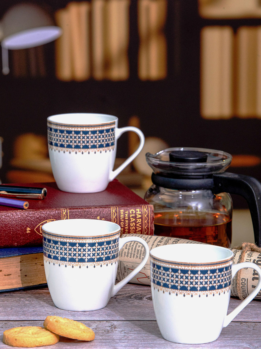 SONAKI 6 Pcs White & Blue Ethnic Motifs Printed Bone China Glossy Cups - 180 ML Each