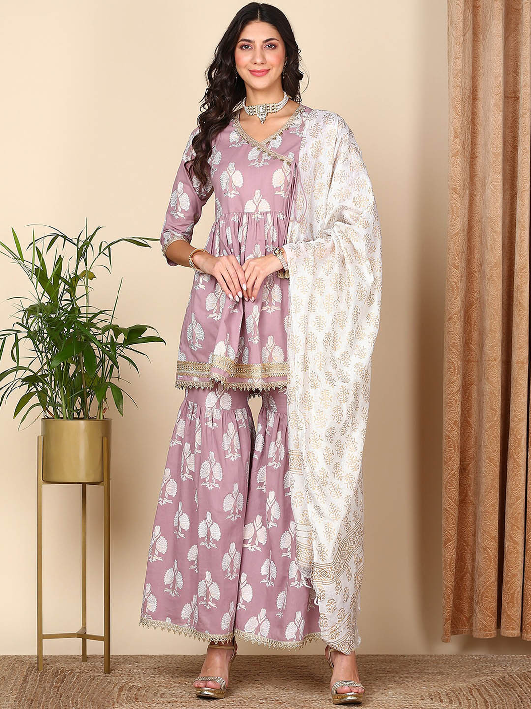 HERE&NOW Violet Floral Printed Gotta Patti Pure Cotton Kurta with Sharara & Dupatta