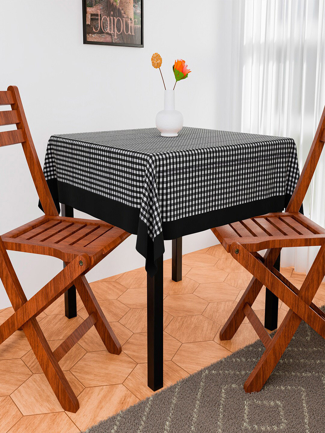 Kuber Industries Black & White Barik Checked Table Cover