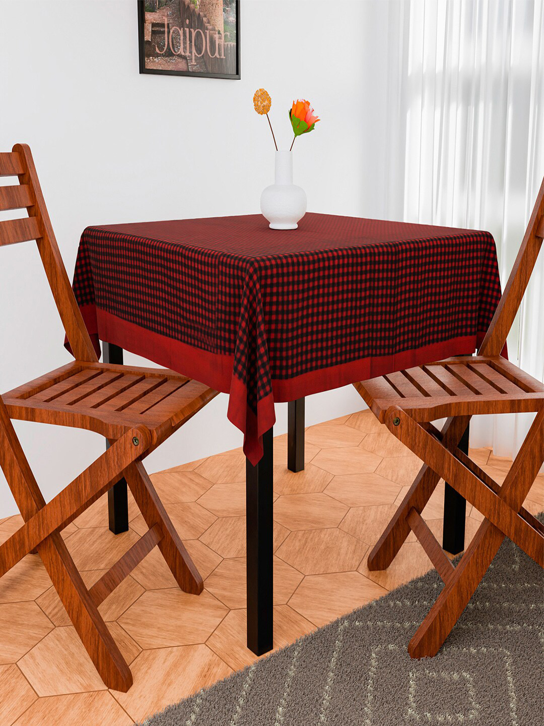 Kuber Industries Maroon & Black Barik Checked Square Table Cover