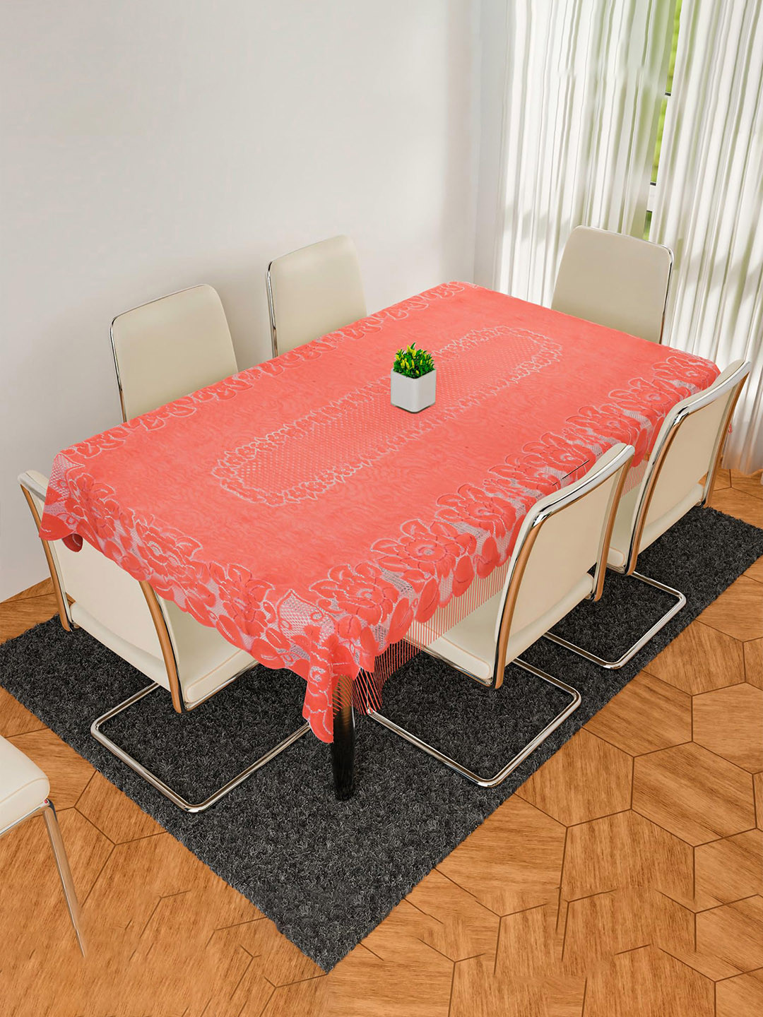 Kuber Industries Peach Coloured Net Jhalar Printed 6-Seater Table Cover