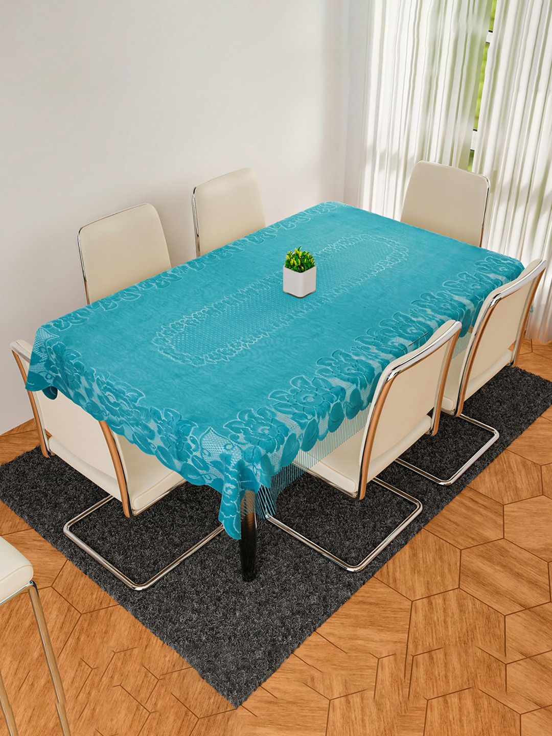 Kuber Industries Green Net Jhalar Printed 6-Seater Table Cover