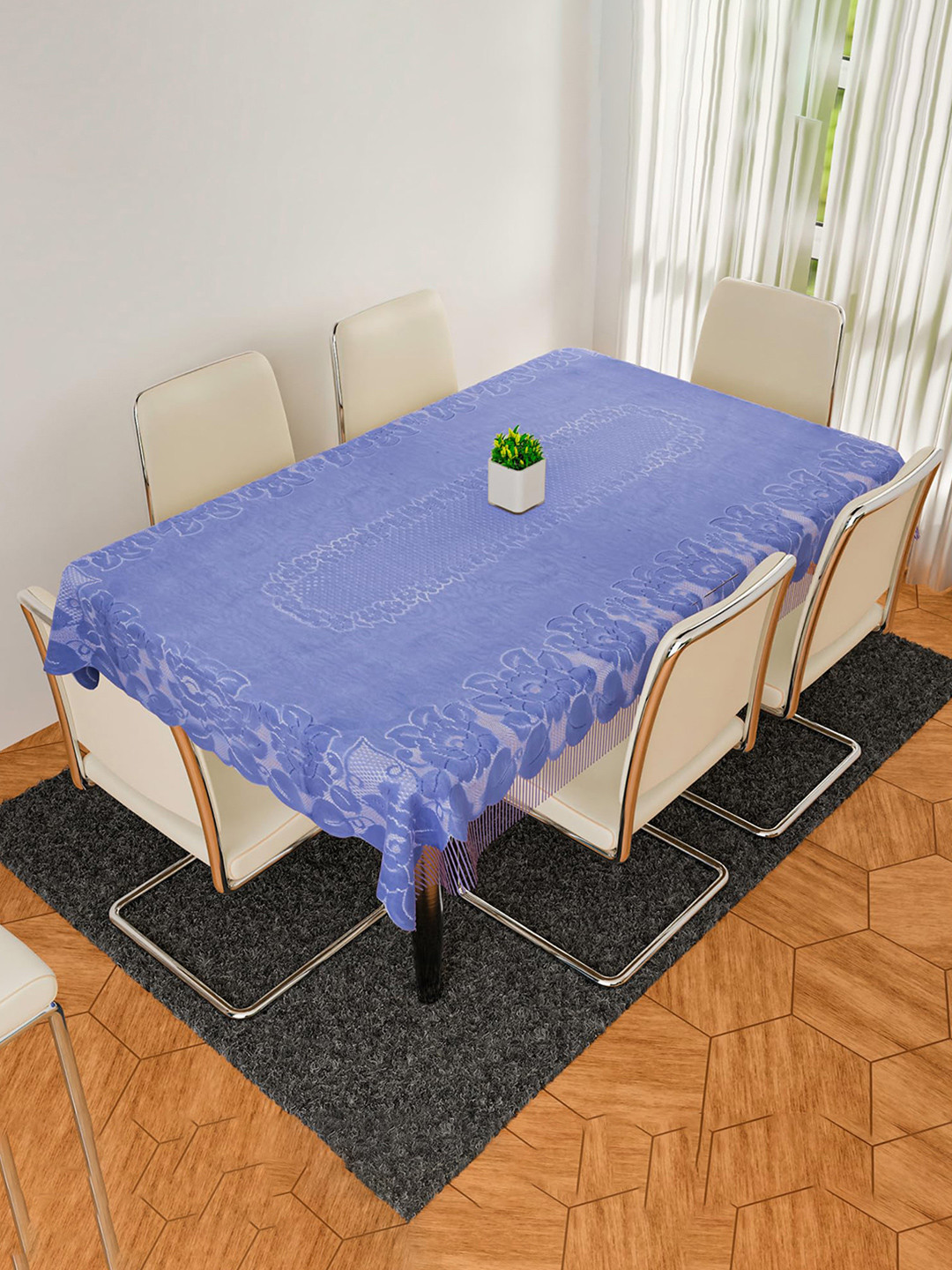 Kuber Industries Blue Net Jhalar 6-Seater Table Cover