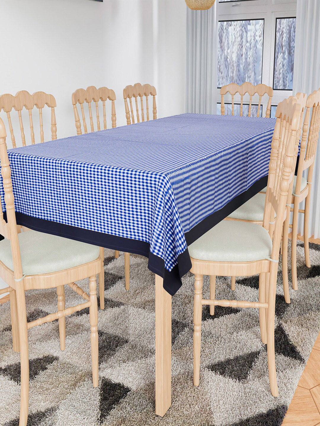Kuber Industries Blue Barik Checked 8-Seater Table Cover