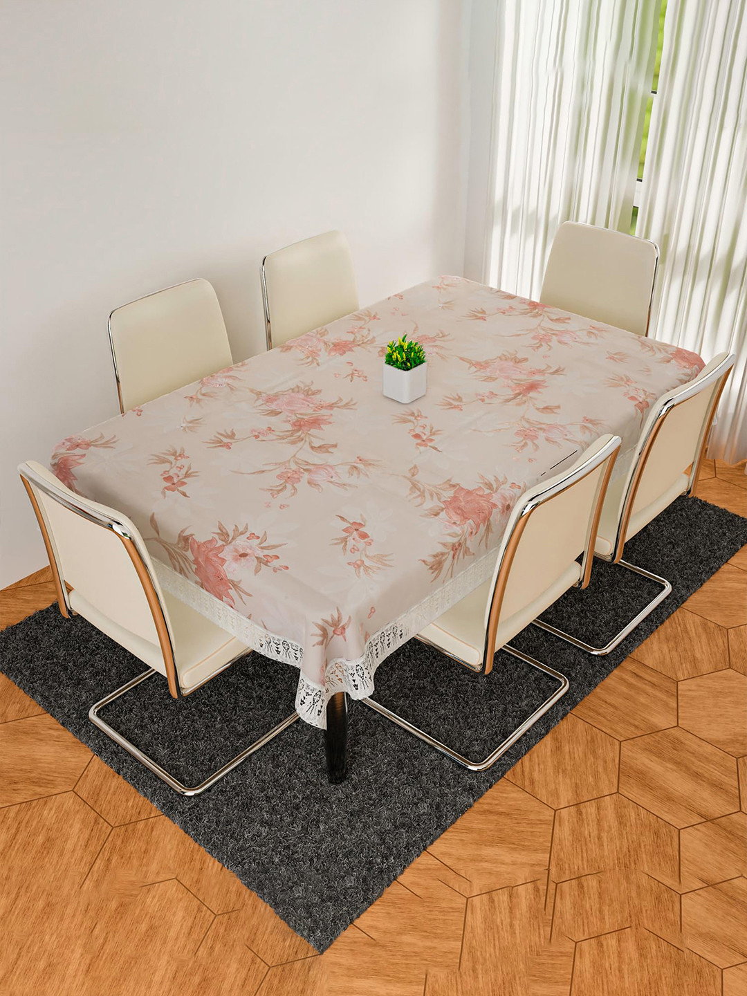 Kuber Industries Cream Coloured Flower Printed 6-Seater Table Cover