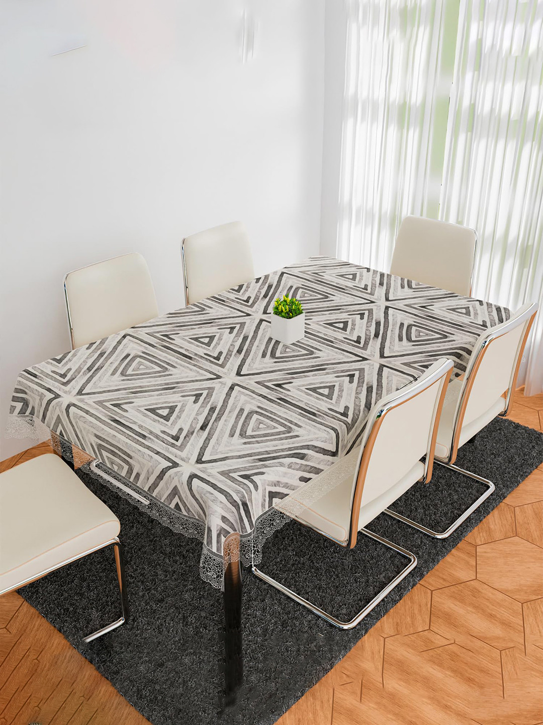 Kuber Industries Grey & Beige Triangle 6 Seater Dining Table Cloth Cover