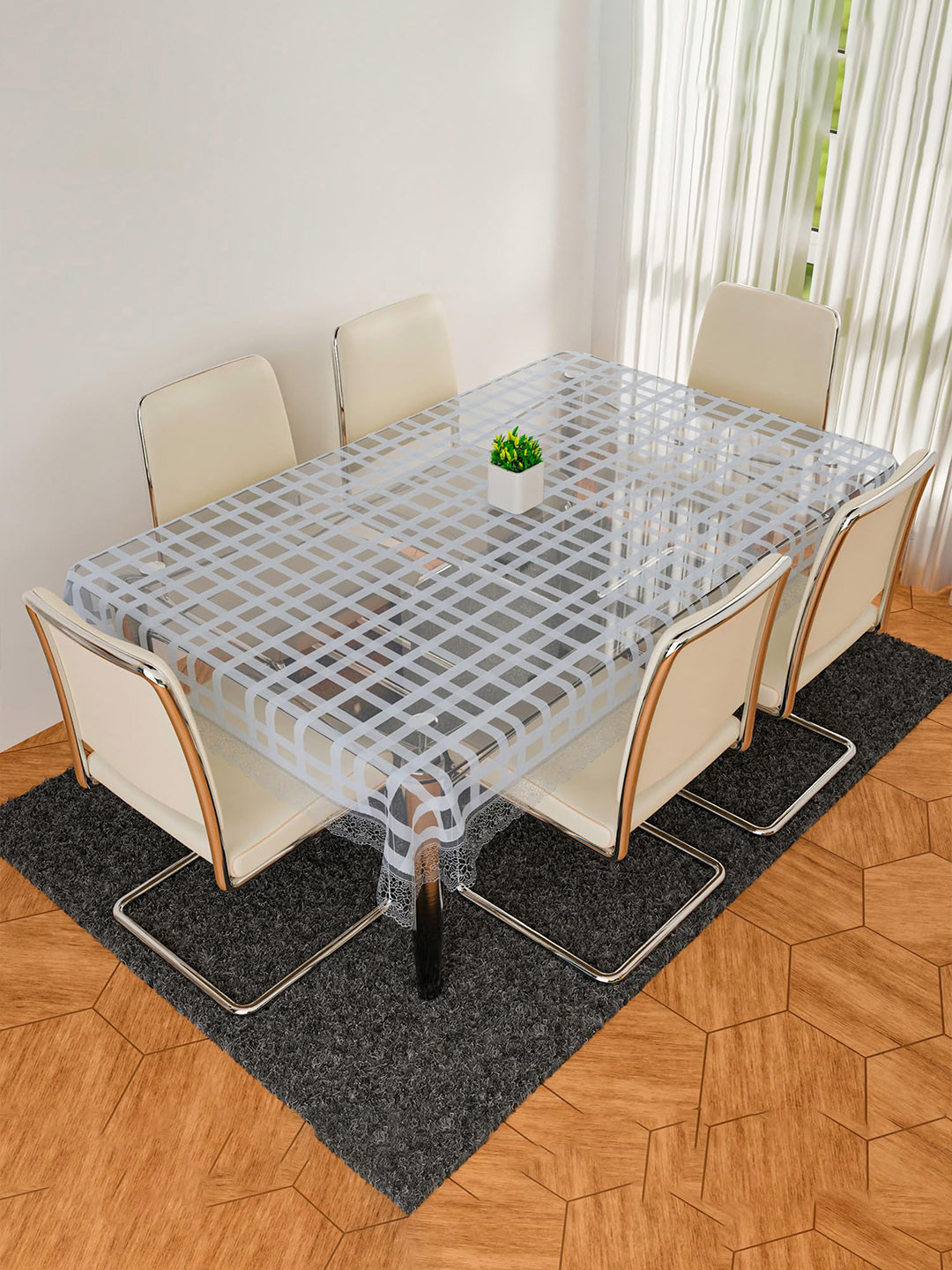 Kuber Industries White Checked  6 Seater Dining Table Cloth Cover