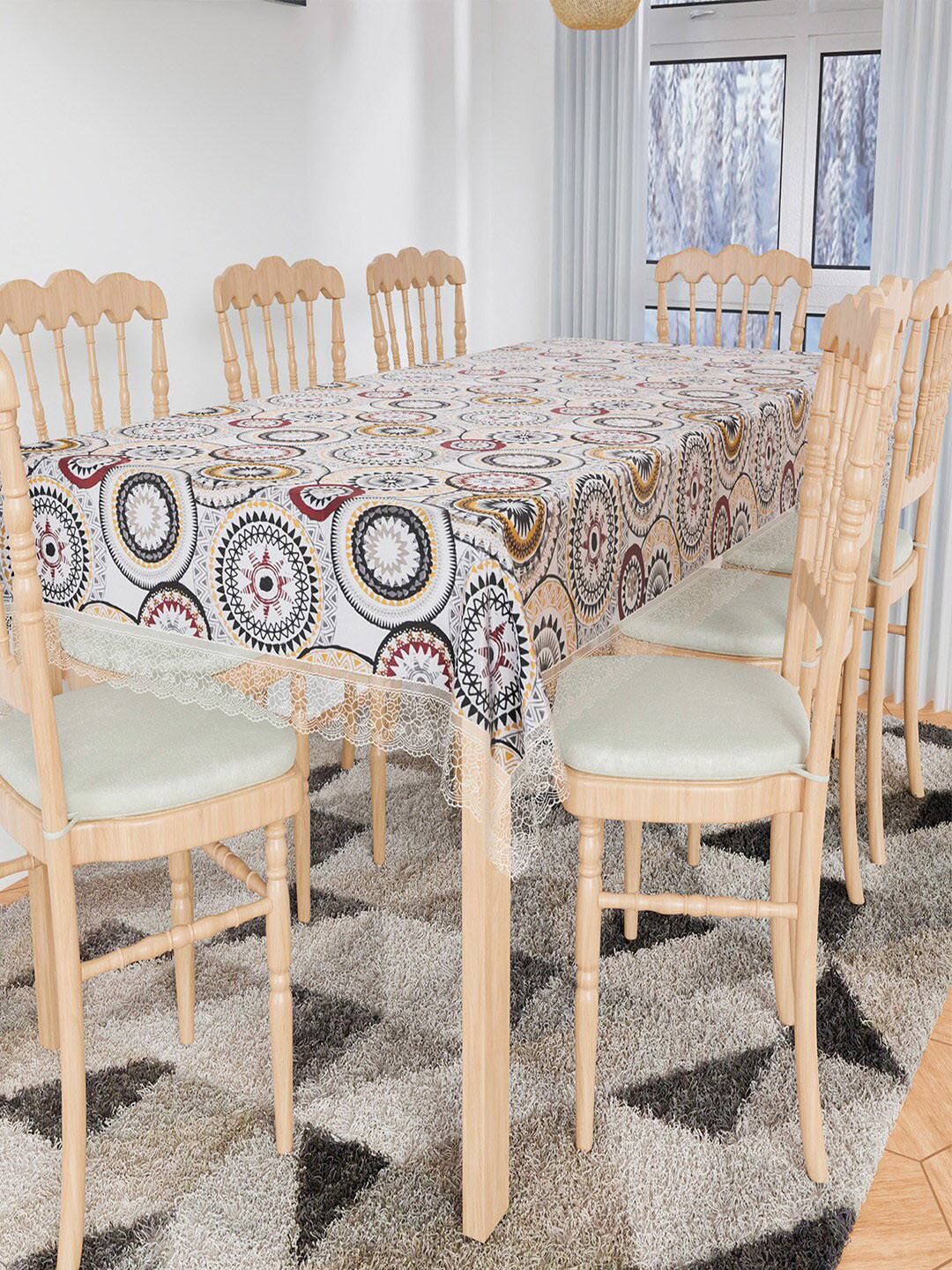 Kuber Industries White & Red Rangoli Printed 8 Seater Dining Table Cloth Cover