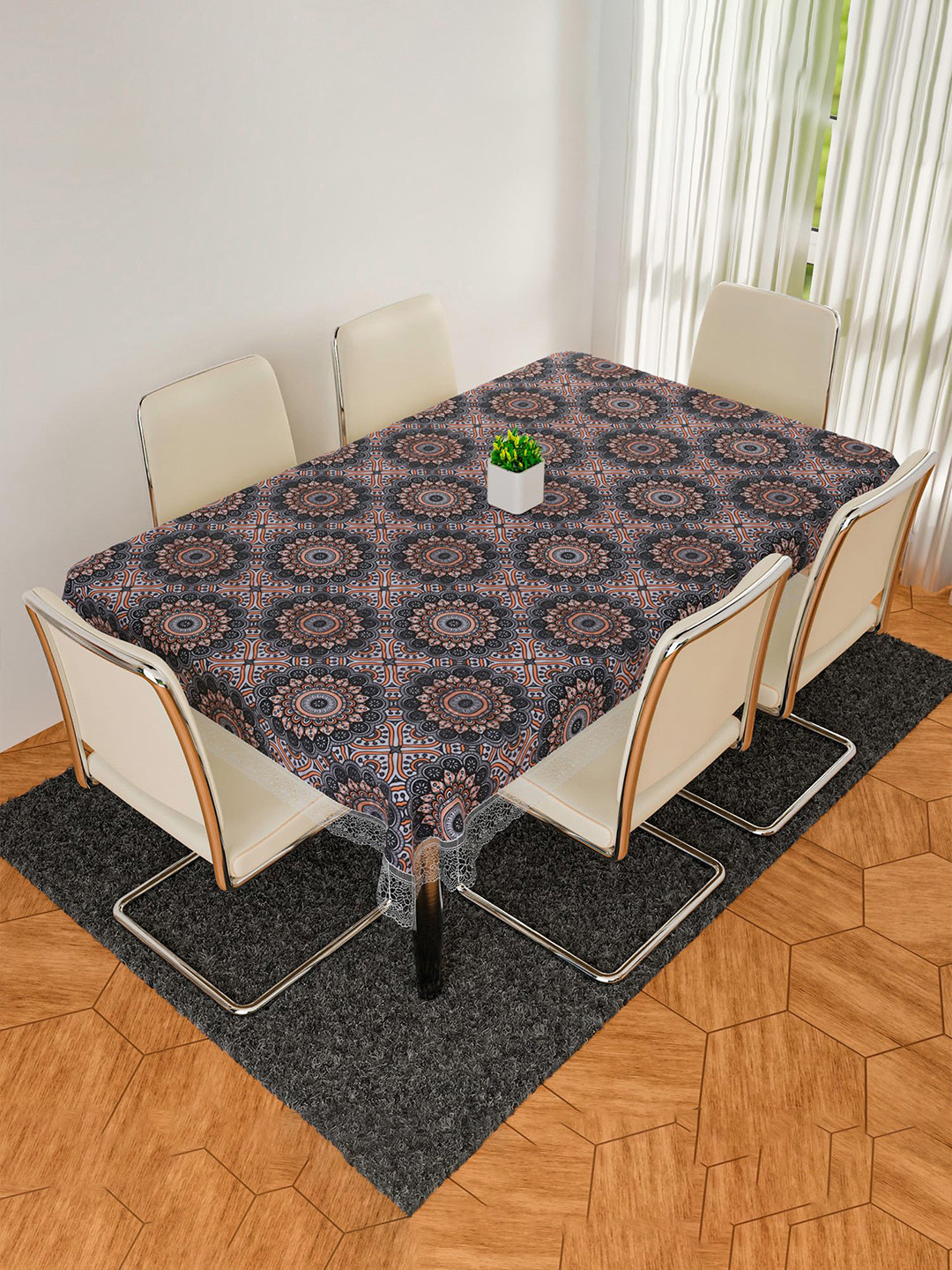 Kuber Industries Black & Beige  Rangoli Printed 8 Seater Dining Table Cloth Cover
