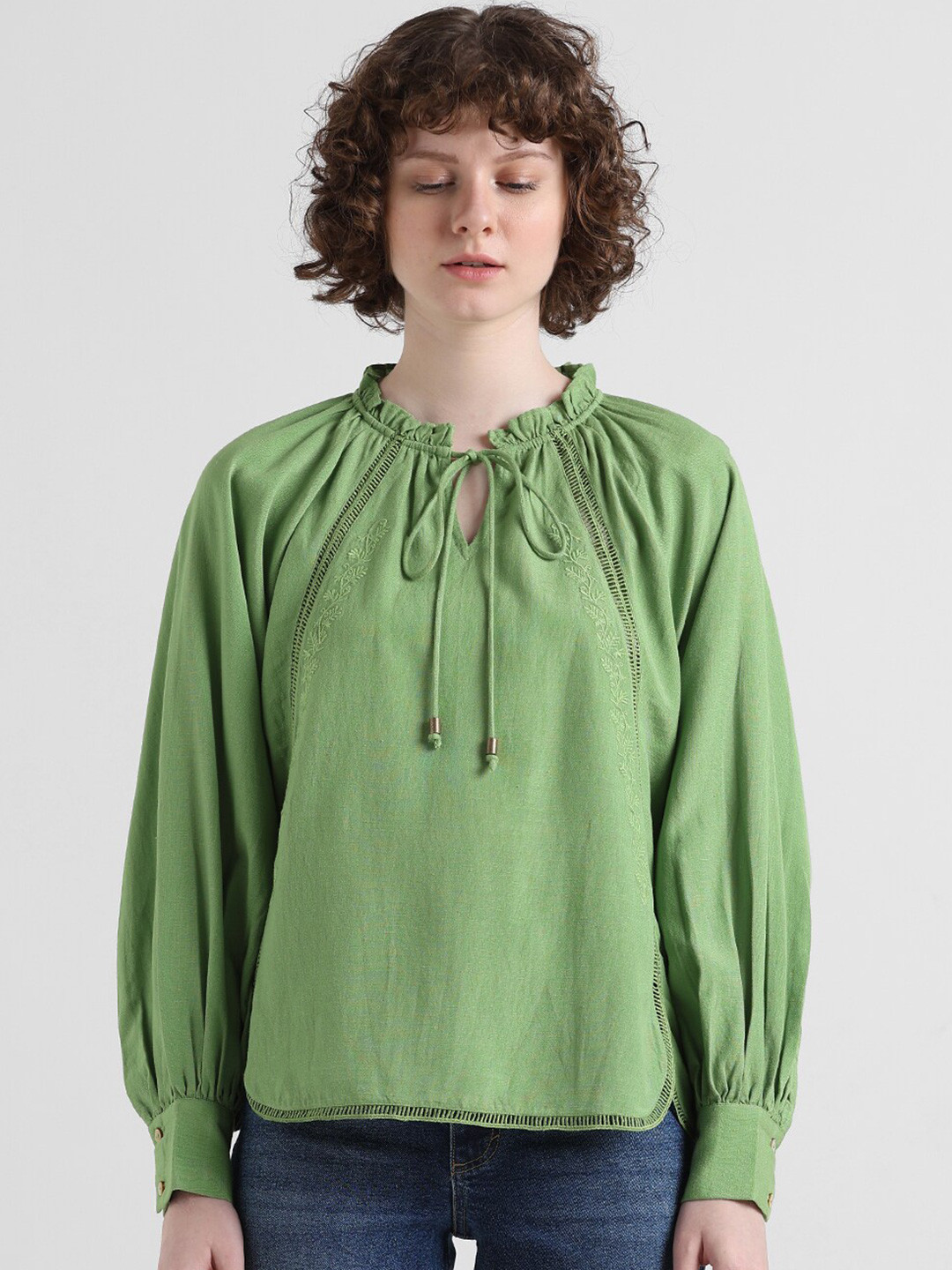 ONLY Tie-Up Neck Ruffled Cuffed Sleeves Top