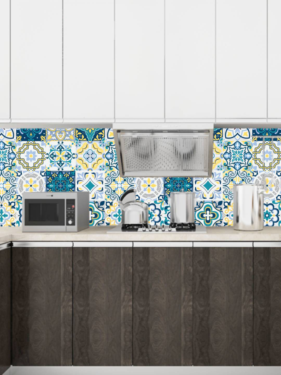 Jaamso Royals White & Blue Sqaure Pattern Self Adhesive Waterproof Kitchen Wallpaper