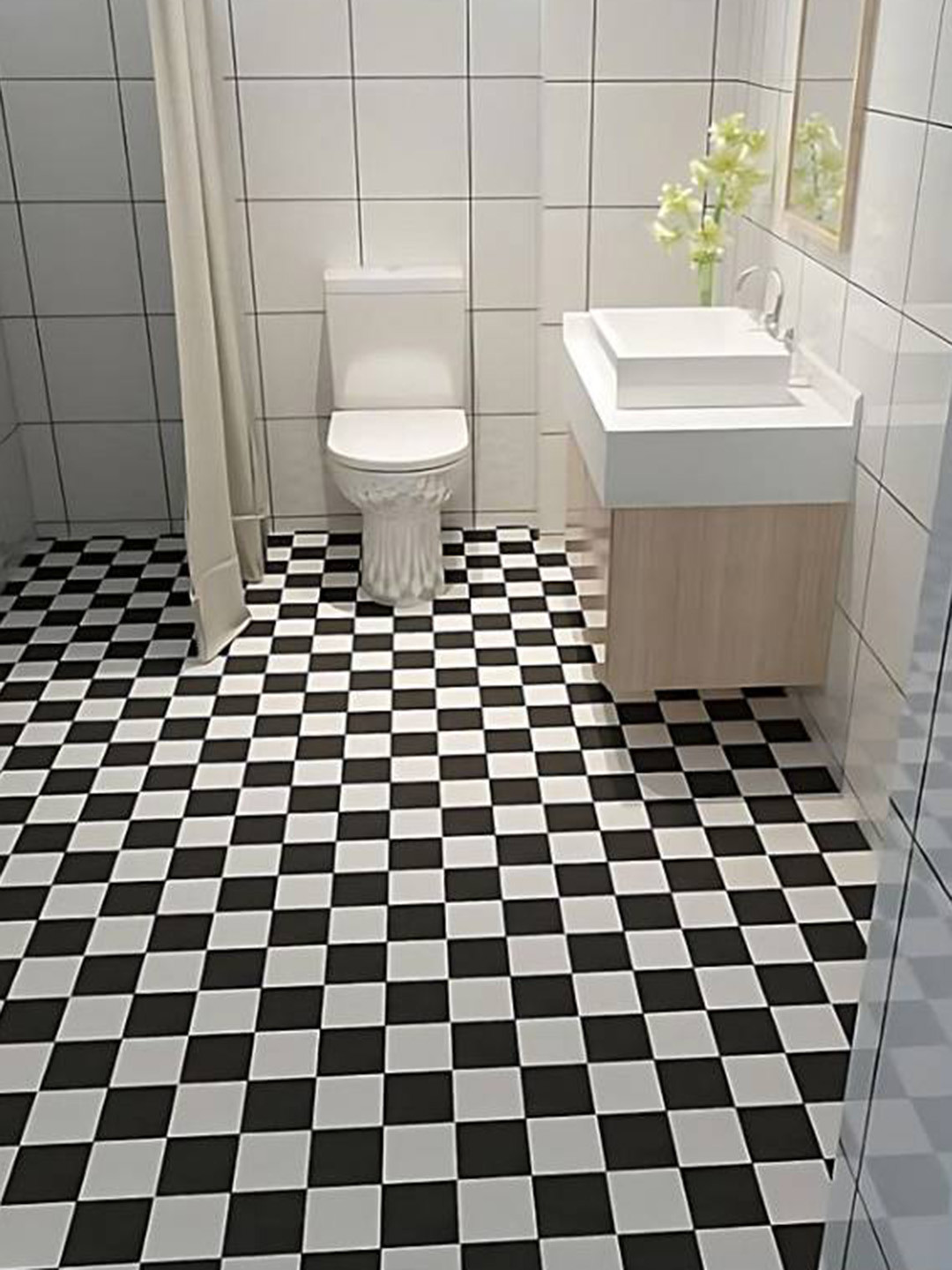 Jaamso Royals Black & White Tiles Design Floor Covering Self Adhesive Wallpaper