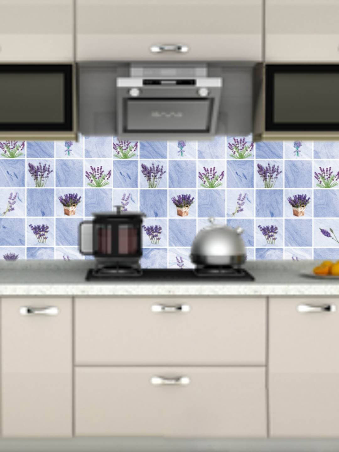 Jaamso Royals Light Blue & White Floral Tile Design Self Adhesive Kitchen Wallpaper