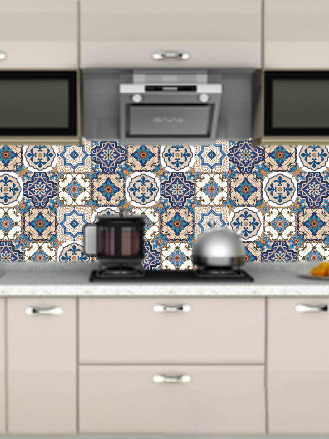 Jaamso Royals White & Blue Tile Design Self Adhesive Kitchen Wall Sticker