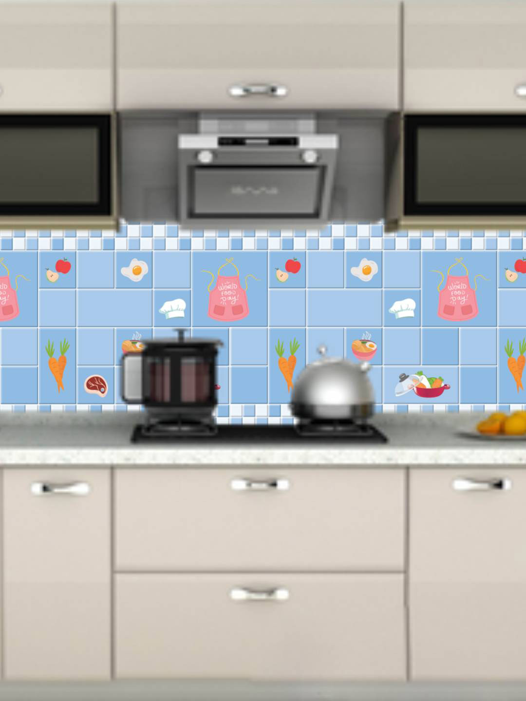 Jaamso Royals Blue & Pink Kitchen Vegetable Fruit Design Self Adhesive Kitchen Wallpaper