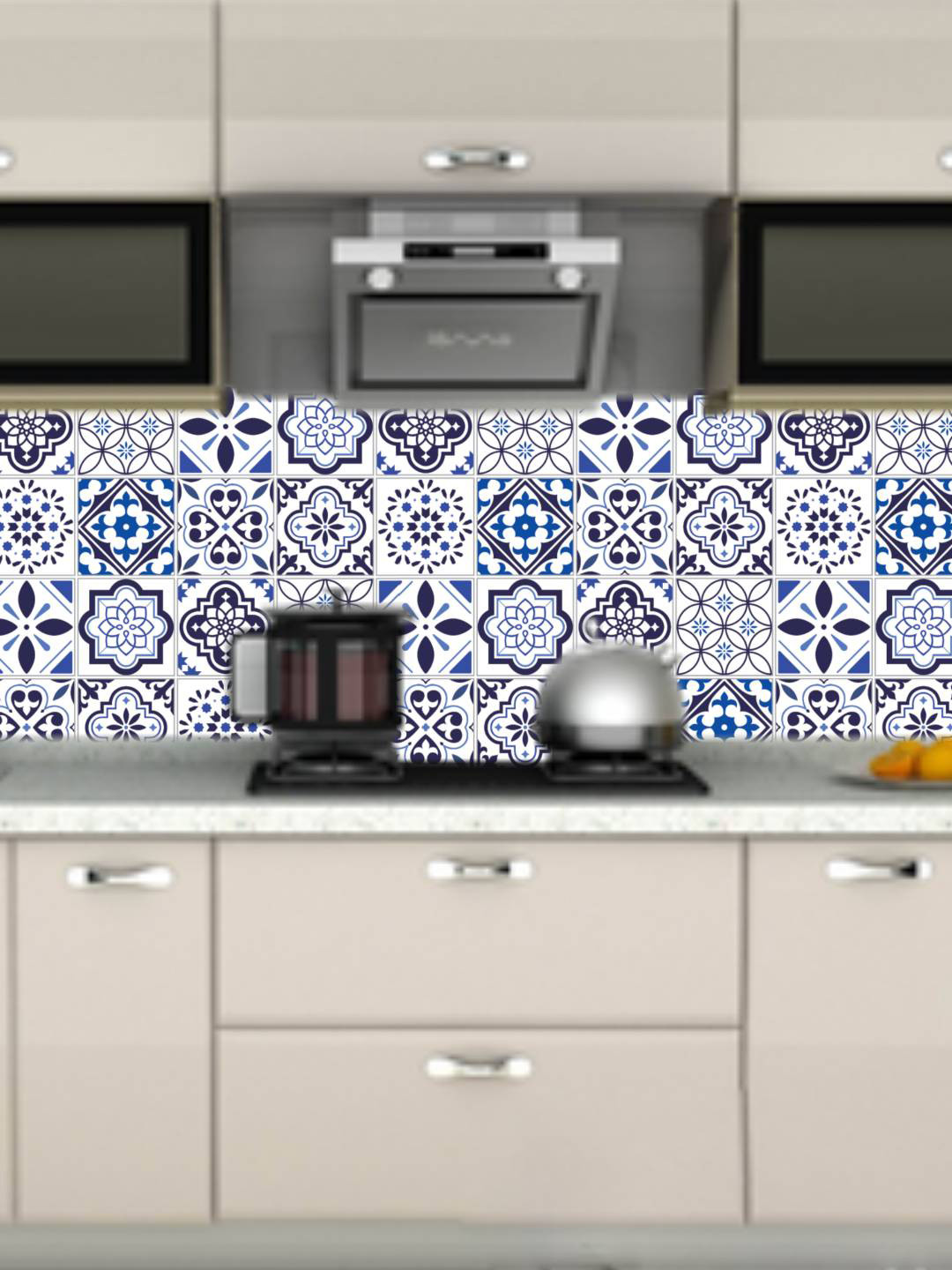 Jaamso Royals Blue & White Geometric Mosaic Pattern Self Adhesive Kitchen Wallpaper