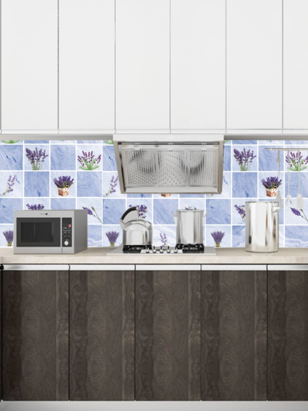 Jaamso Royals Blue & Lavender Flower Tile Design Self Adhesive Kitchen Wallpaper