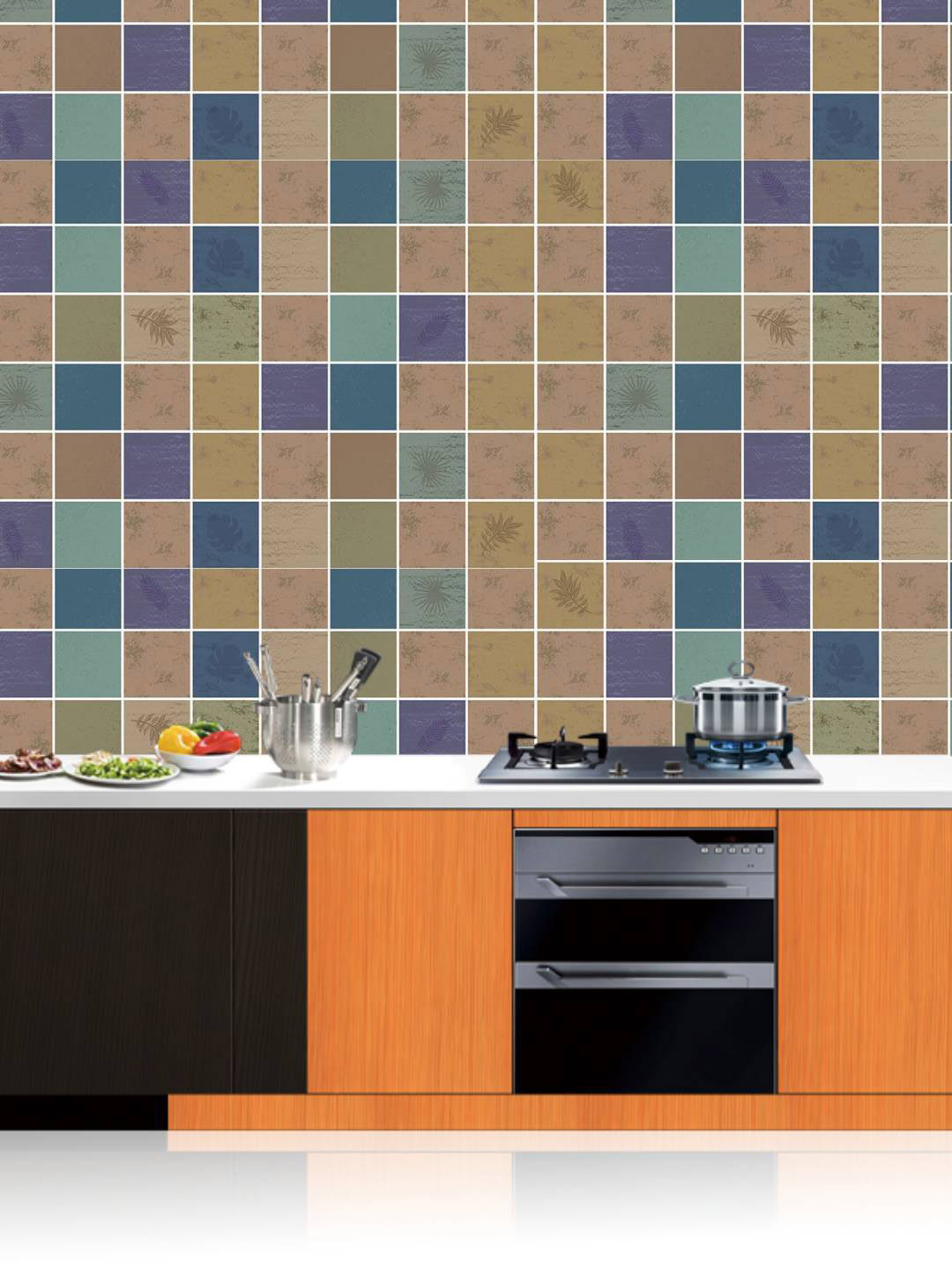 Jaamso Royals Blue & Brown Square Tile Design Oil Proof Rust Proof Kitchen Wallpaper
