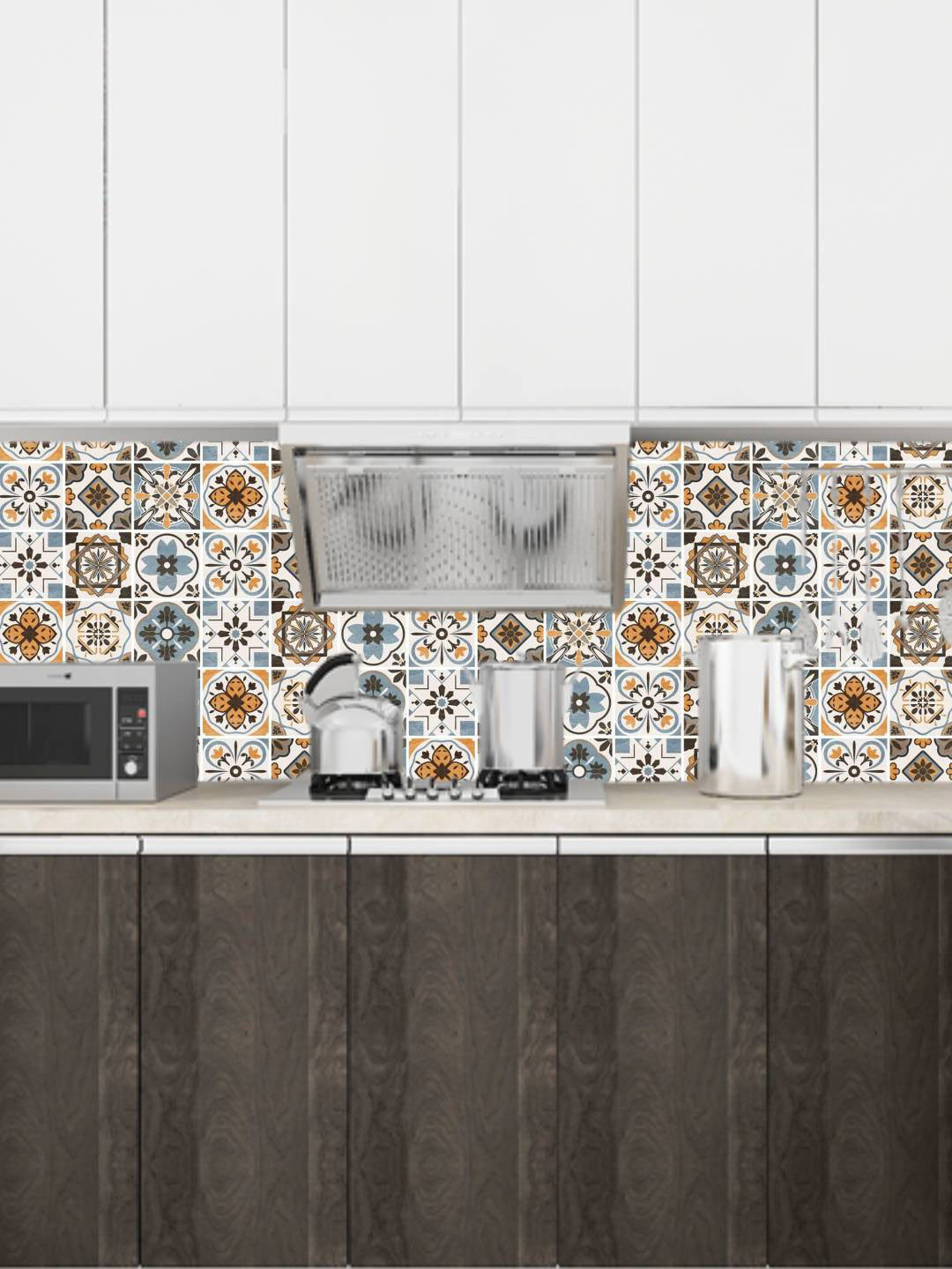 Jaamso Royals White & Brown Tiles Design Oil Proof Rust Proof Kitchen Vinyl Wallpaper