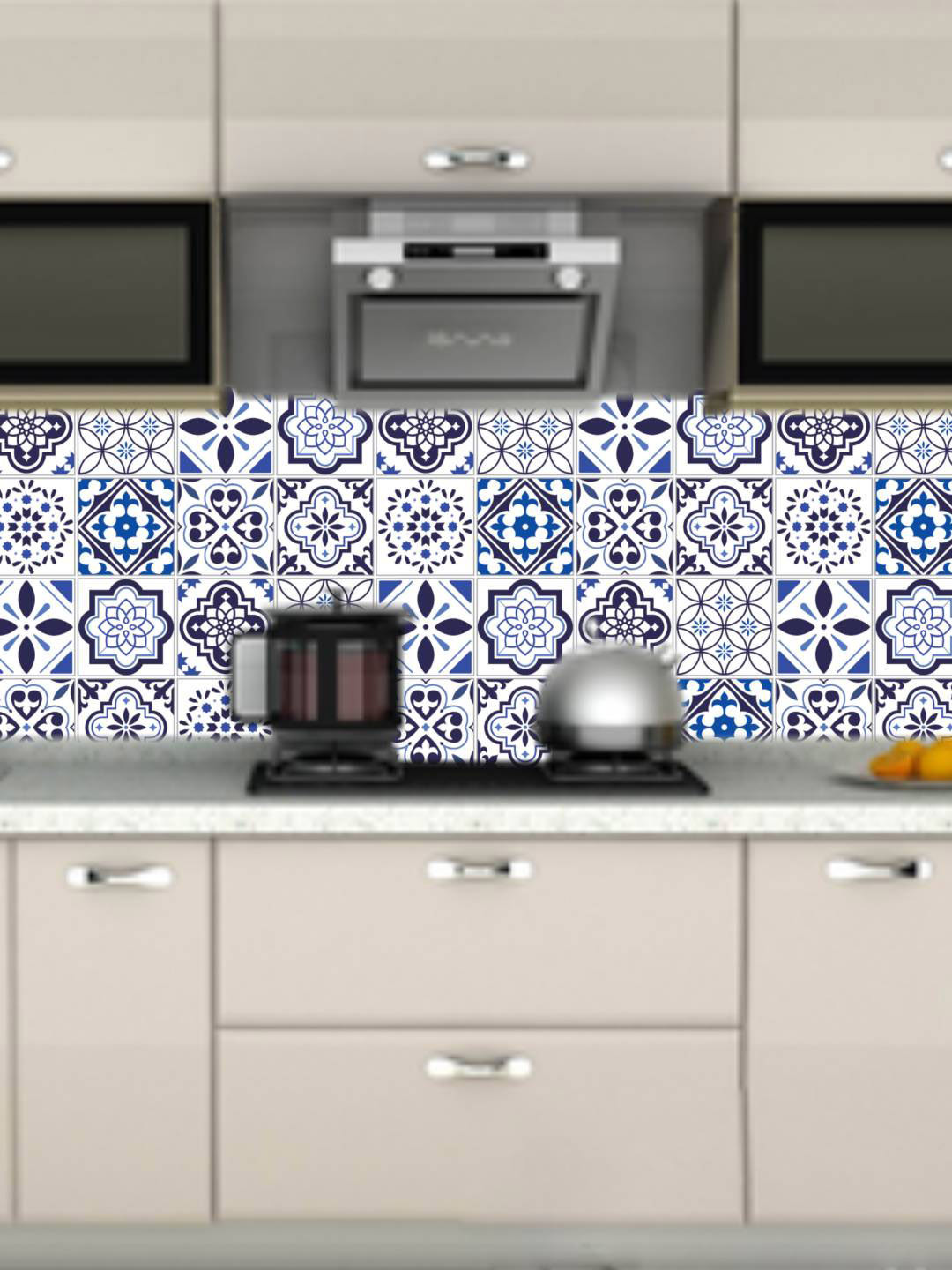 Jaamso Royals White & Blue Geometric Mosaic Pattern Self Adhesive Kichen Wallpaper