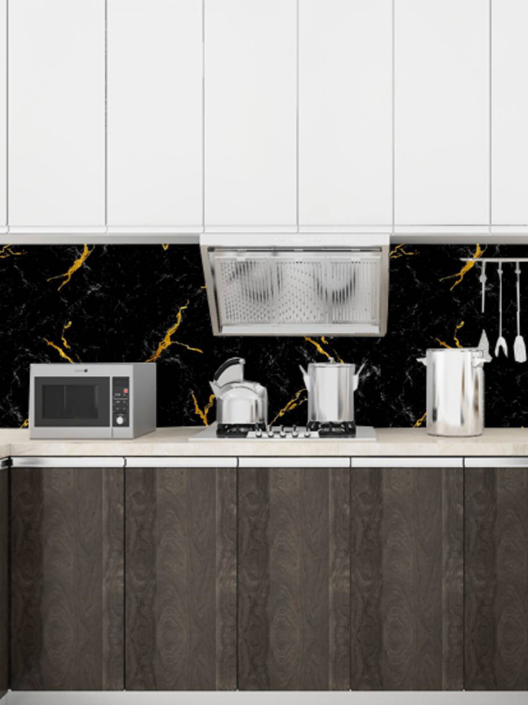 Jaamso Royals Black Printed Self Adhesive Oil Proof Kitchen Wallpaper