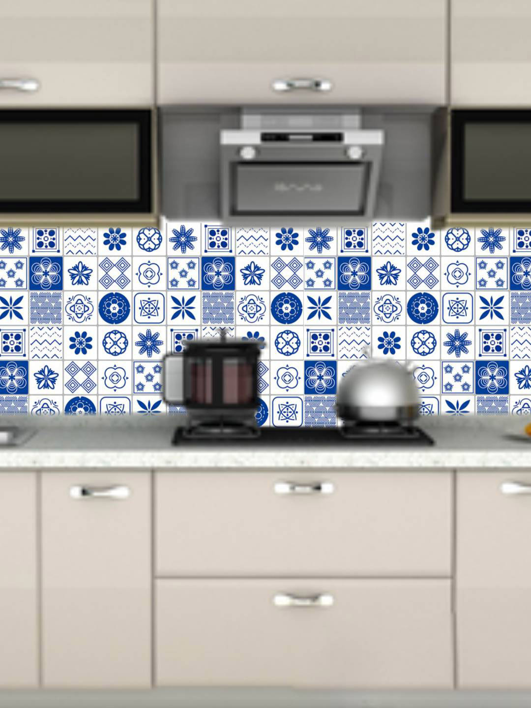 Jaamso Royals White & Blue Mosaic Square Self Adhesive Kitchen Wallpaper