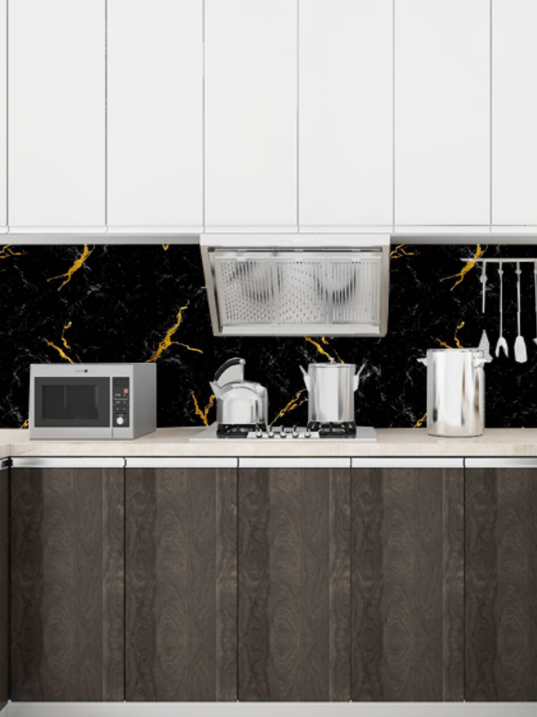 Jaamso Royals Black & Yellow Marble Design Self Adhesive Oil-Proof Kitchen Wallpaper