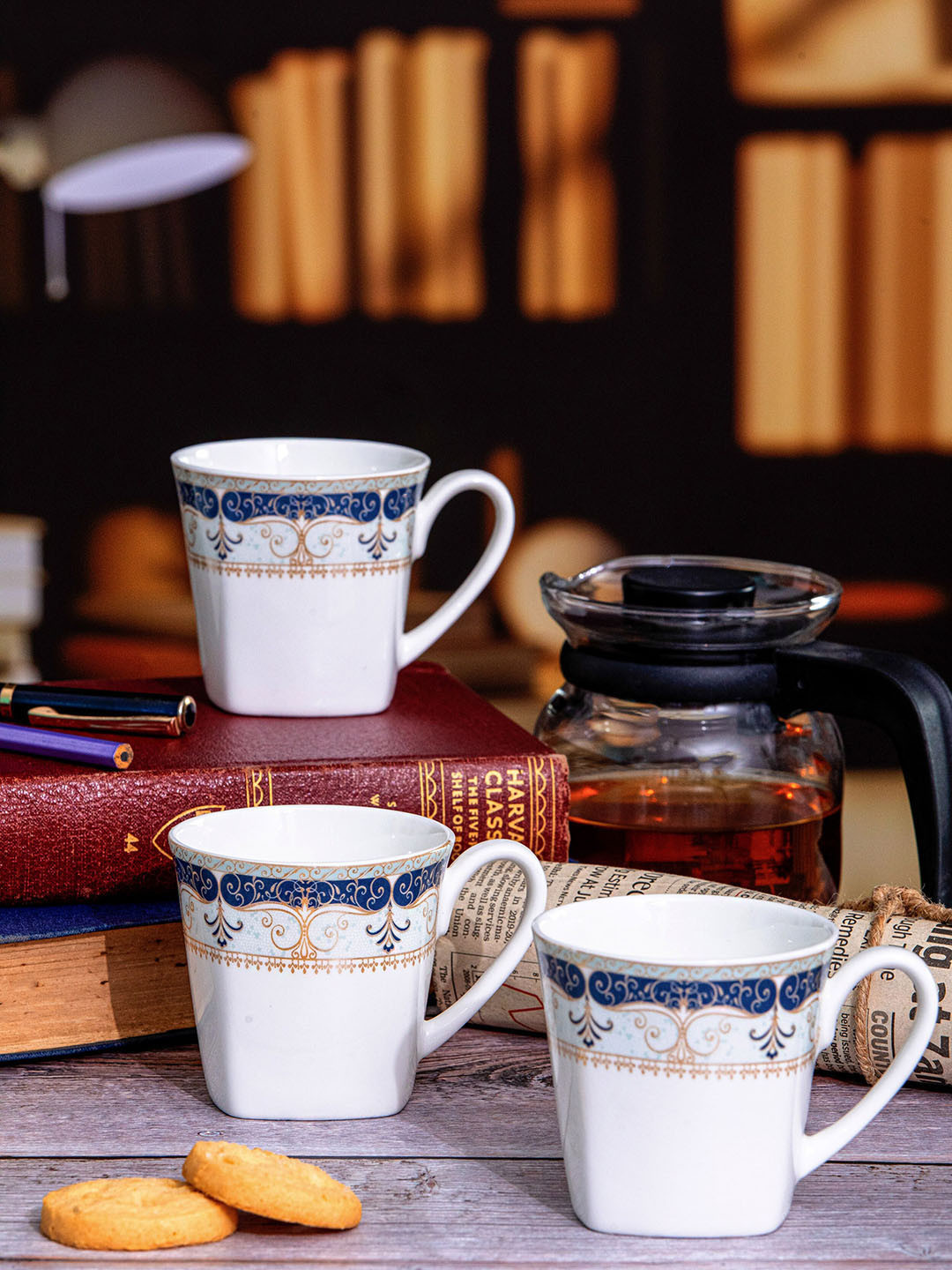 SONAKI 6 Pcs White & Blue Floral Printed Bone China Glossy Cups - 180 ML Each