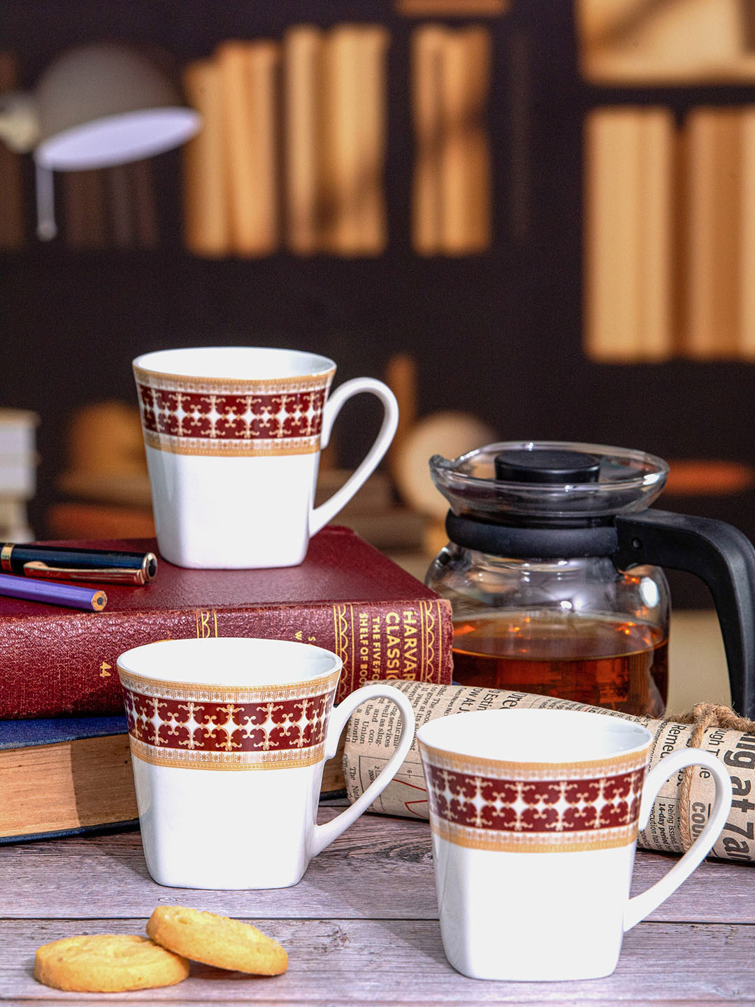 SONAKI Sarvin Name Personalised White Ethnic Motifs Bone China Microwave Safe 6 Piece Mugs-180ml