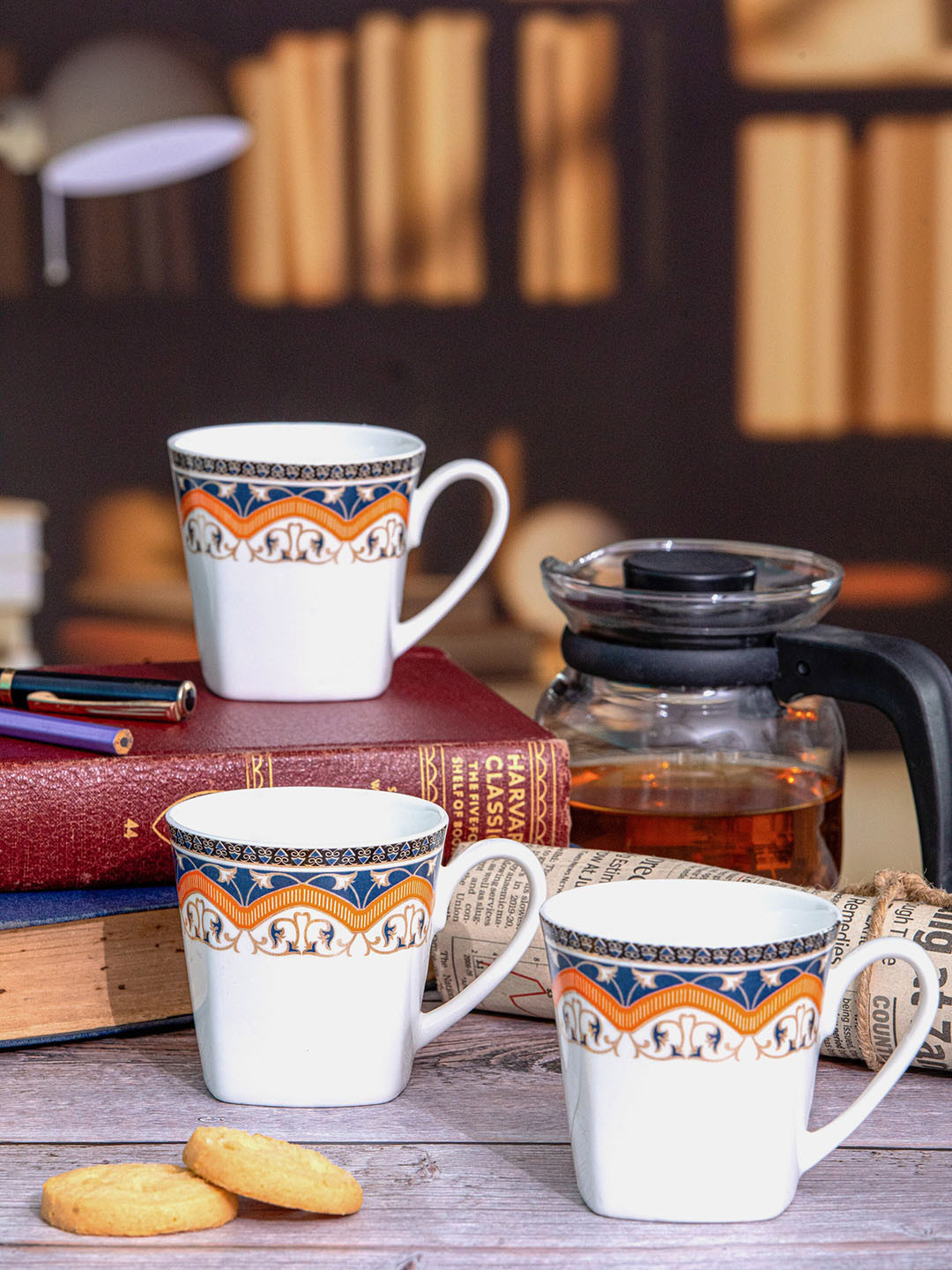 SONAKI Globe Shaped White Ethnic Motifs Bone China Dishwasher Safe 6 Piece Mugs-180ml