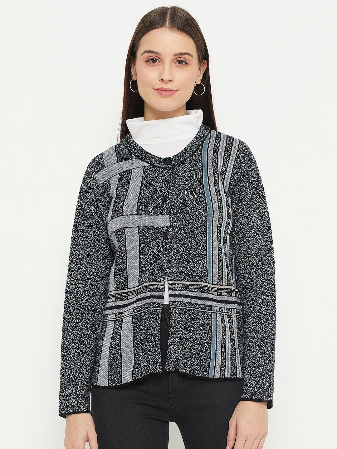 CREATIVE LINE Geometric Self Design V-Neck Woollen Cardigan