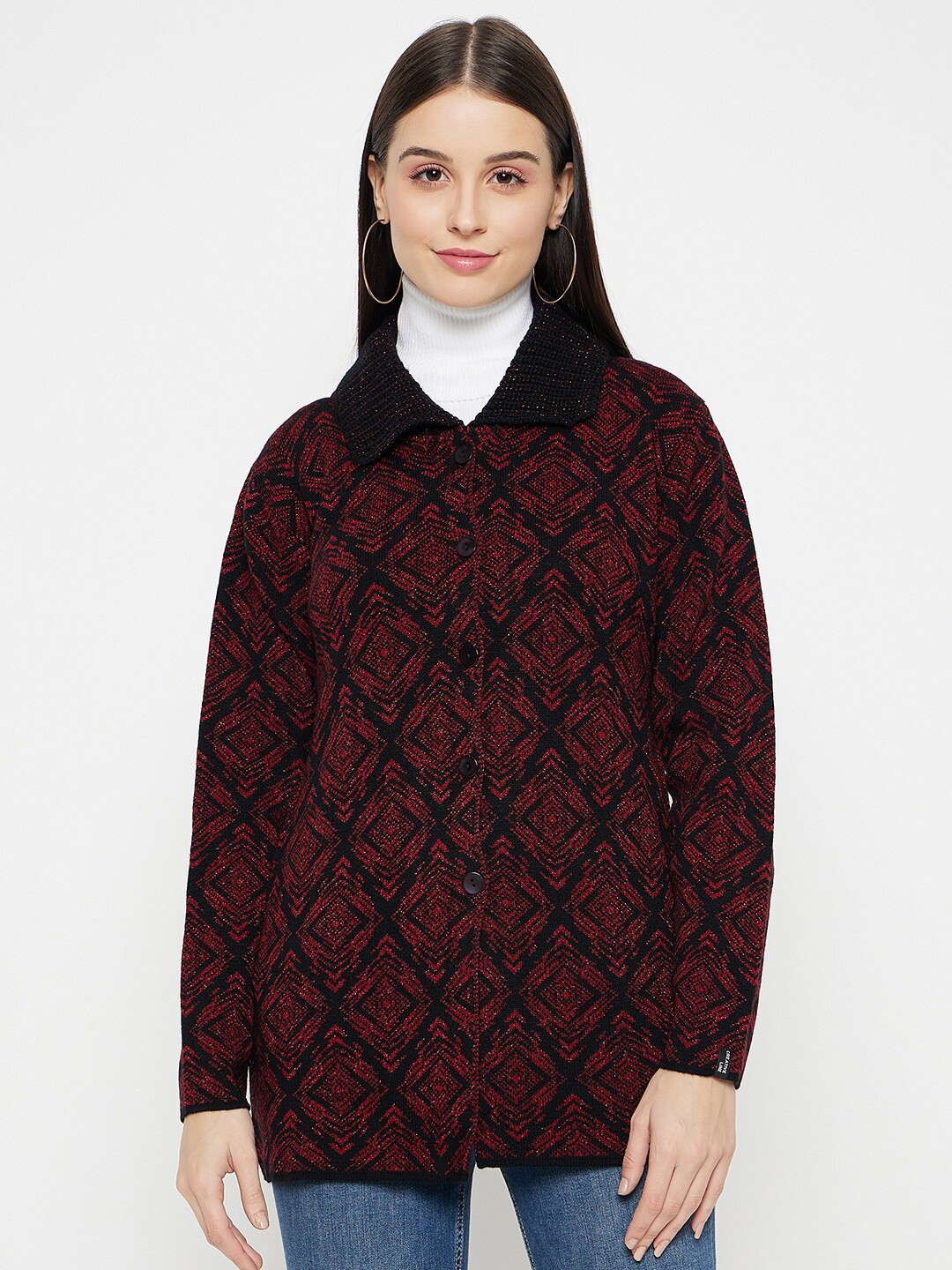 CREATIVE LINE Ethnic Motifs Self Design Mock Collar Longline Woollen Cardigan