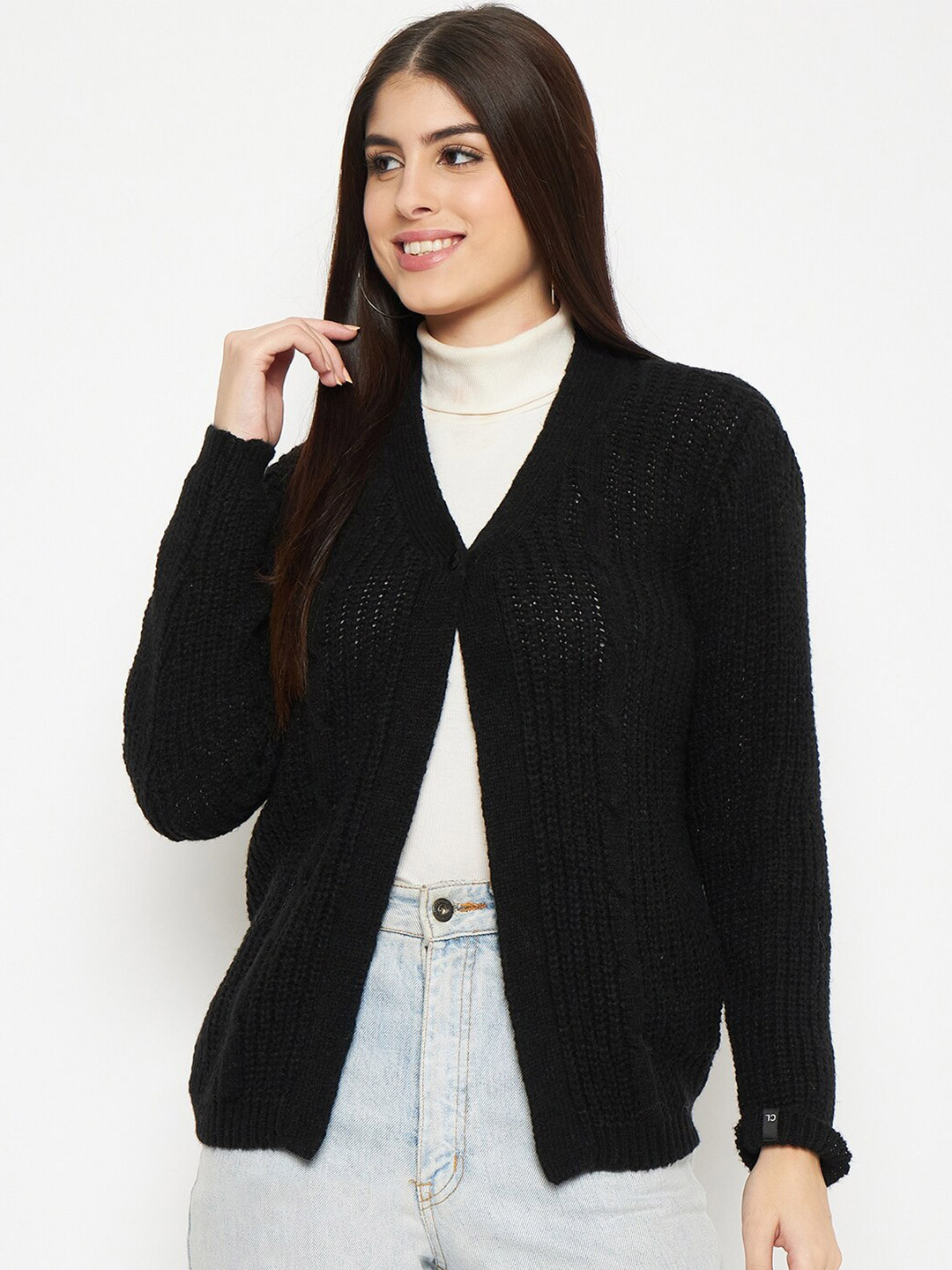 CREATIVE LINE Open Knit Self Design V-Neck Woollen Cardigan