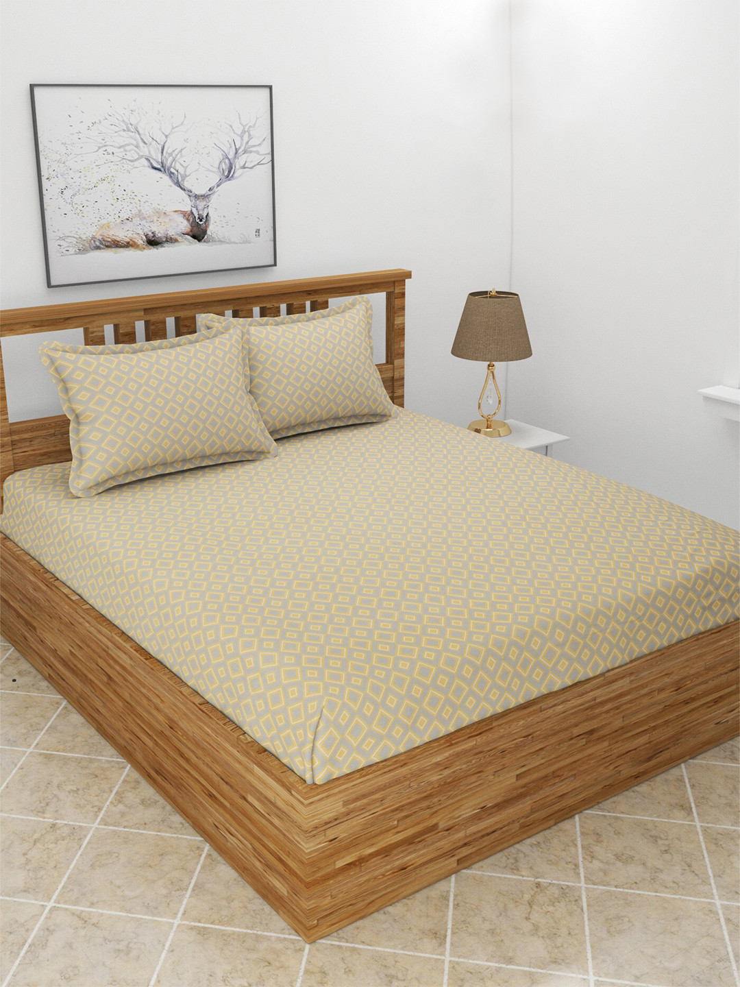 BREVARD Fitted_Maple Beige Geometric Polycotton 210 TC Fitted Queen Fine Bedsheet with 2 Pillow Covers-198 x 182 x 20 cm