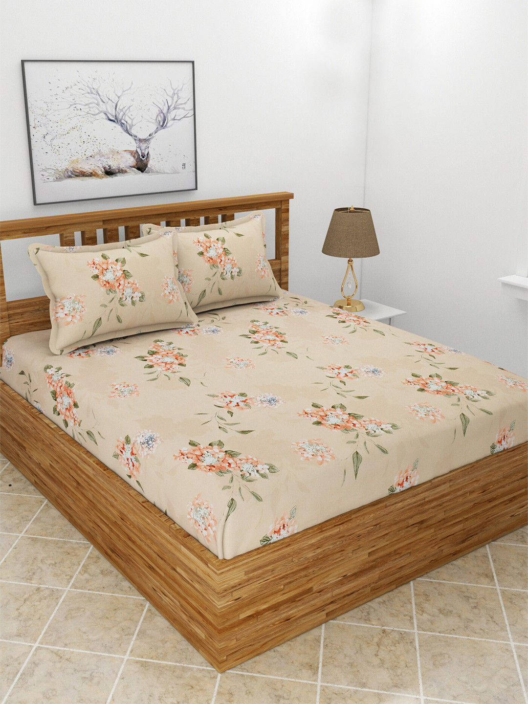 BREVARD Fitted_Maple Peach Floral Polycotton 210 TC Fitted Queen Fine Bedsheet with 2 Pillow Covers-198 x 182 x 20 cm