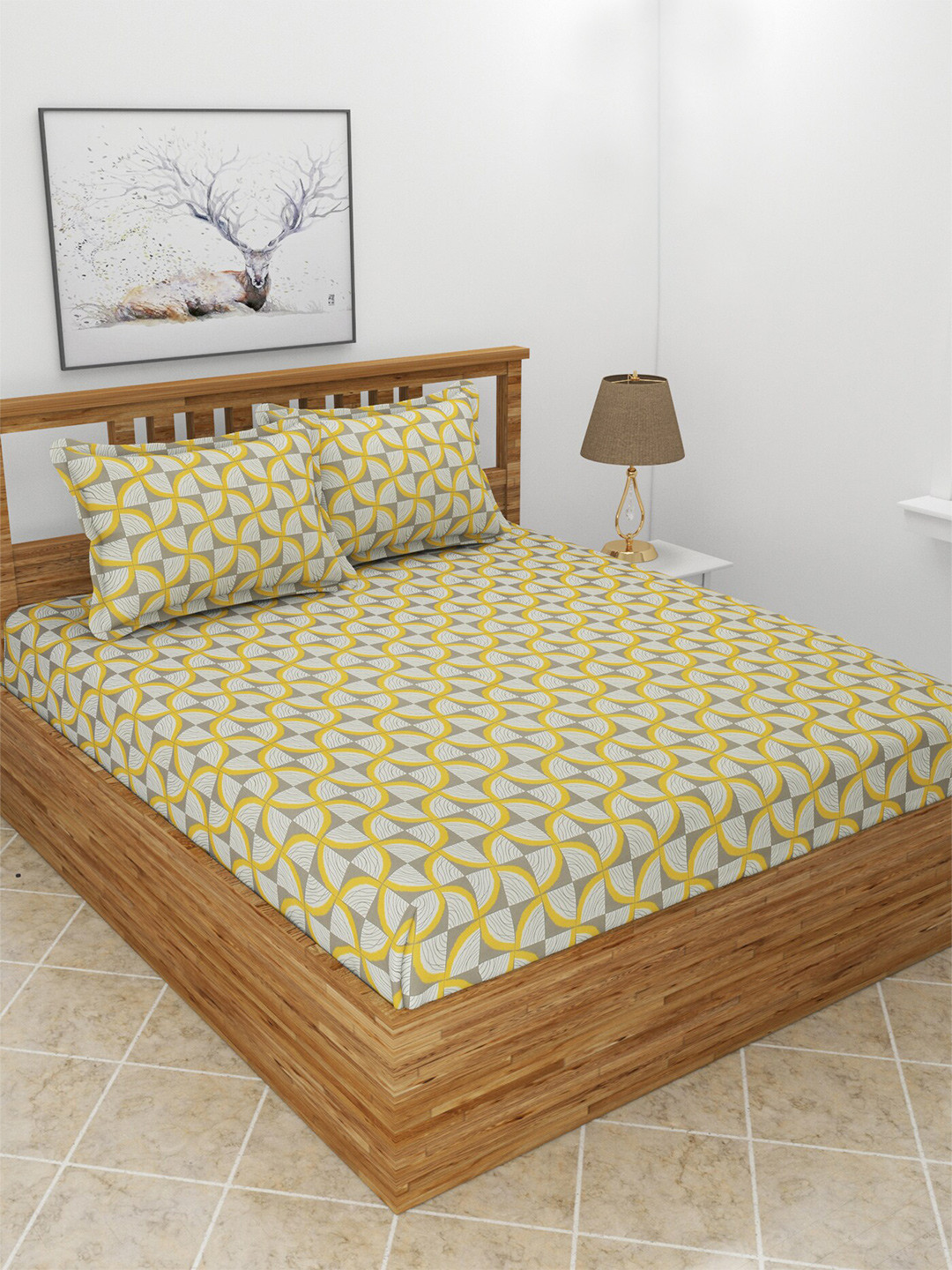 BREVARD Fanwings Yellow Ethnic Motifs Polycotton 210 TC Fitted Queen Fine Bedsheet with 2 Pillow Covers-78 x 72 inches