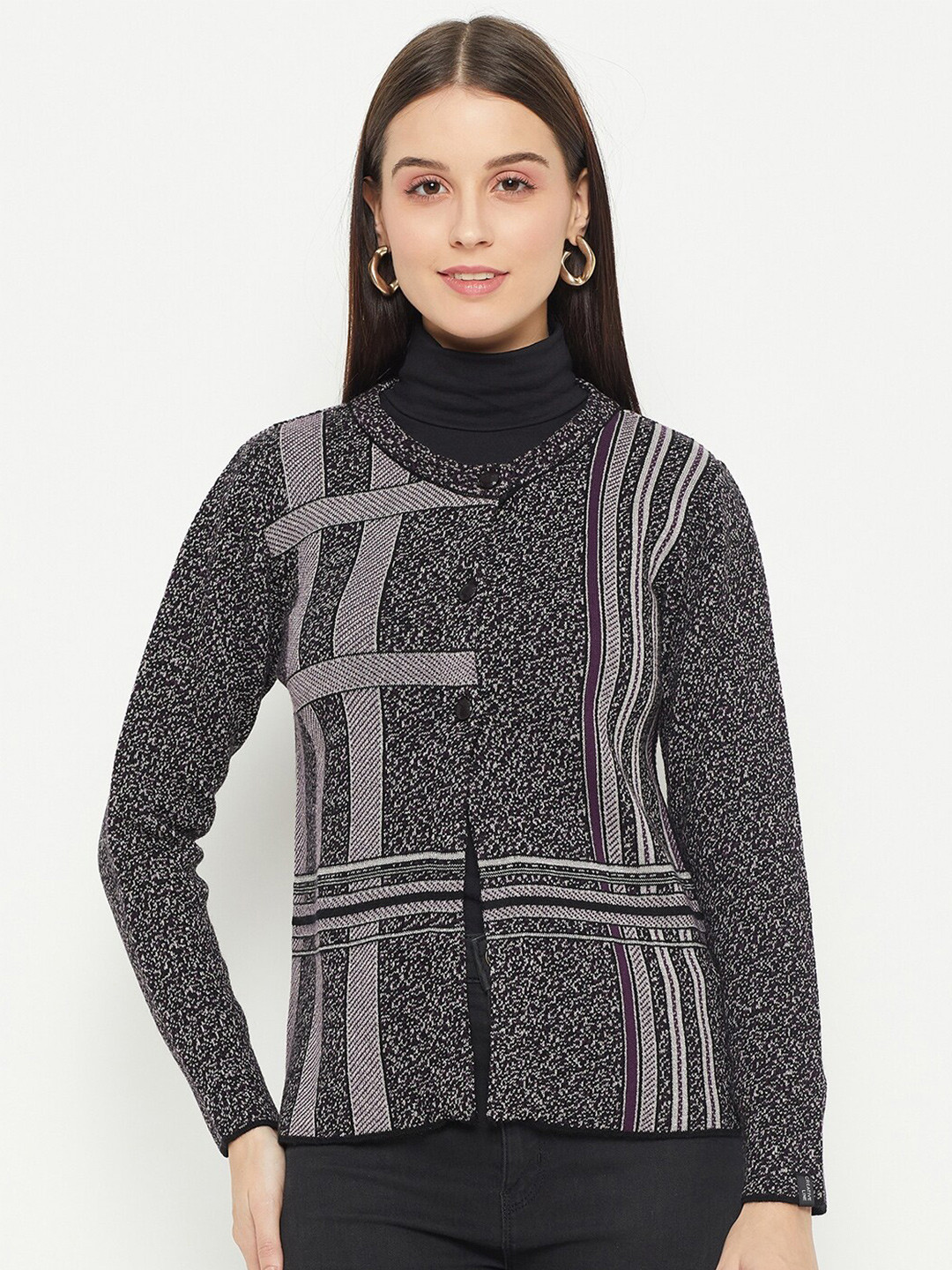 CREATIVE LINE Geometric Self Design Woollen Cardigan