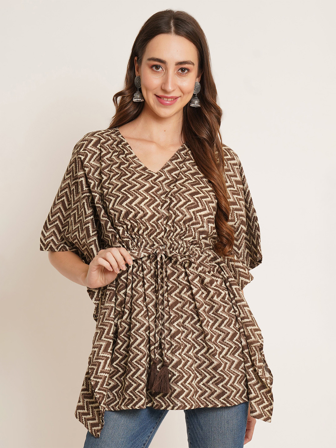 COTLAND FASHION Geometric Printed V-Neck Kimono Sleeves Pure Cotton Kaftan Longline Top