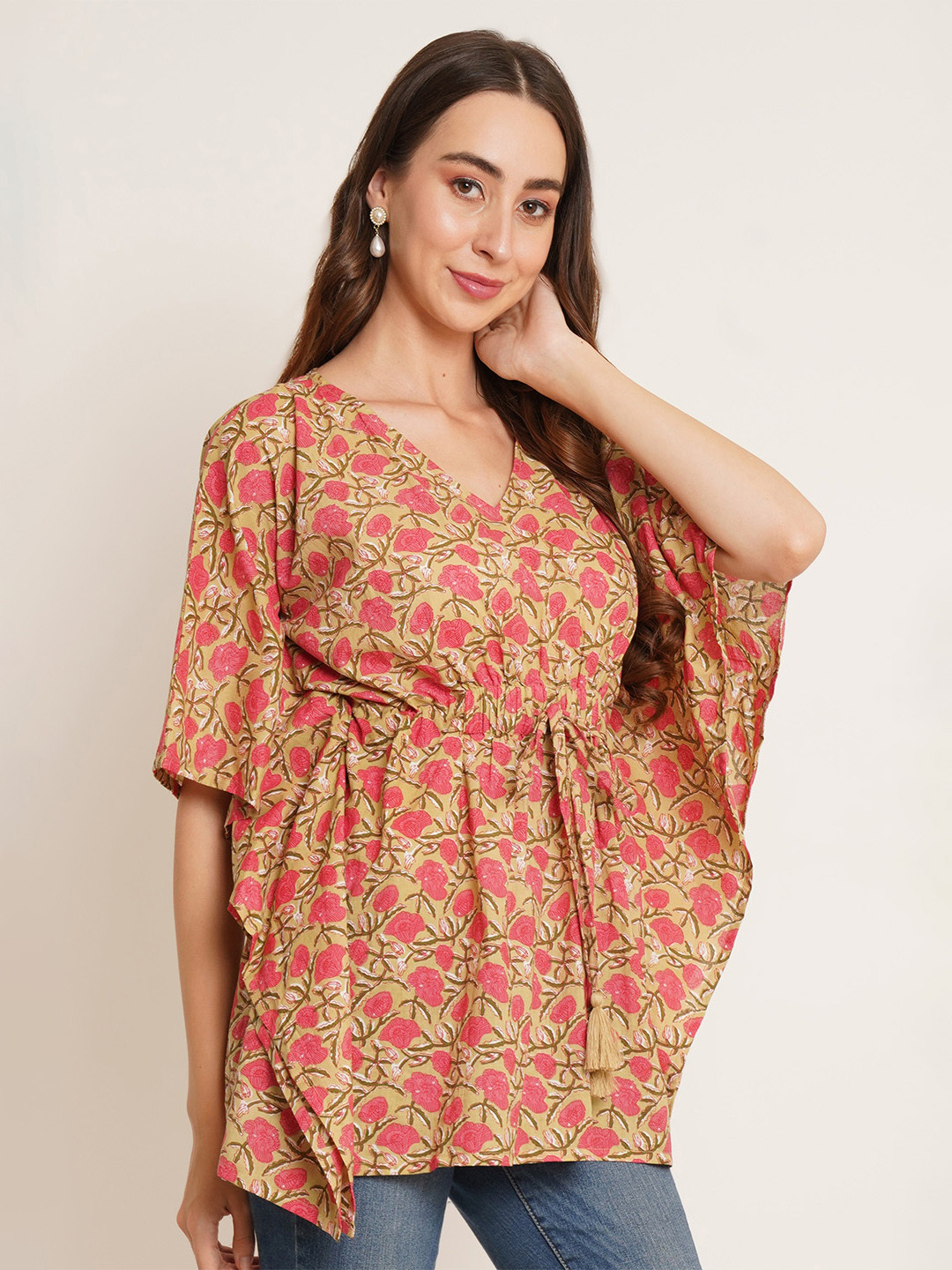 COTLAND FASHION Floral Printed V-Neck Kimono Sleeves Pure Cotton Kaftan Longline Top