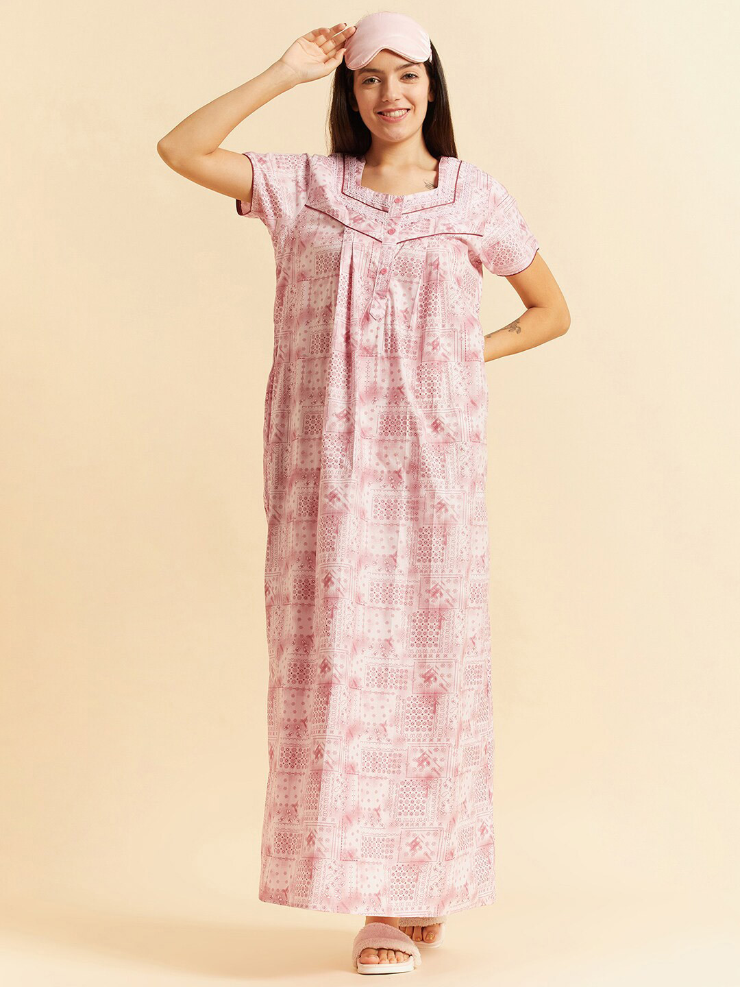 Sweet Dreams Pink Ethnic Motifs Printed Square Neck Pure Cotton Maxi Nightdress