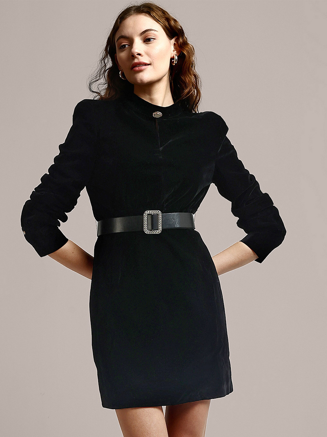 iki chic Black Belted Velvet Bodycon Mini Dress