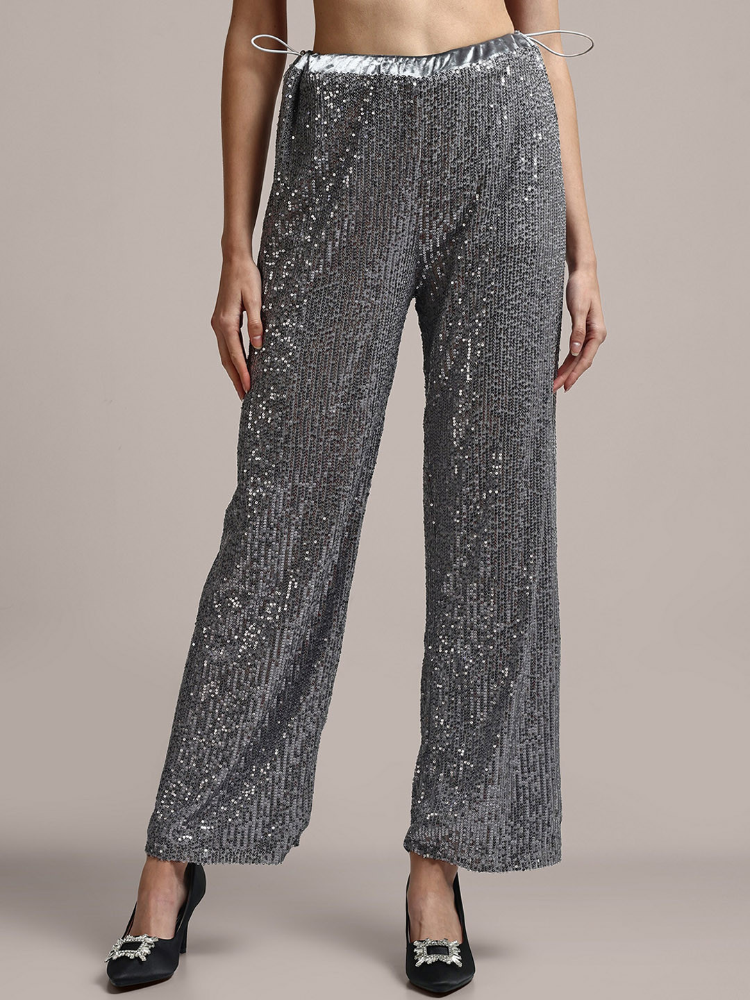 iki chic Women Sequins Embellished Non Iron Party Parallel Trousers