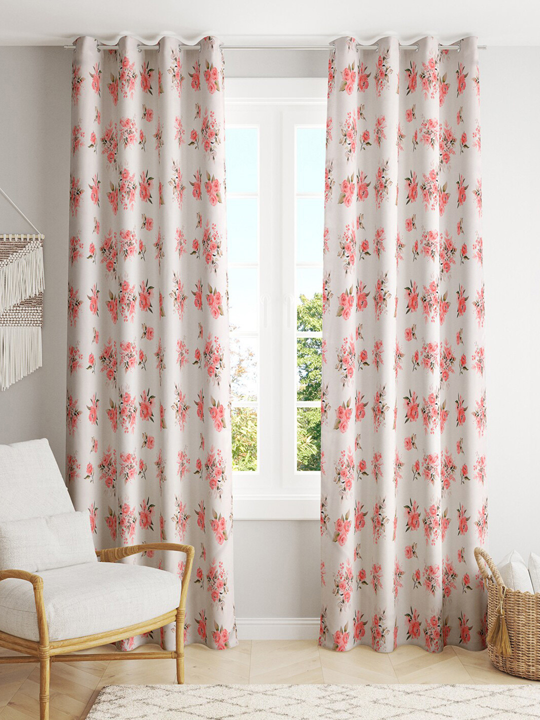 LINENWALAS Happy Sleeping Rose & White 2 Pieces Floral Black Out Door Curtains