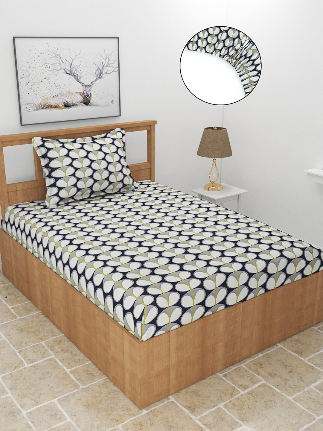 BREVARD Snowd_Dbs Black Geometric Polycotton 210 TC Fitted Single Fine Bedsheet with a Pillow Cover-72 x 36 inches