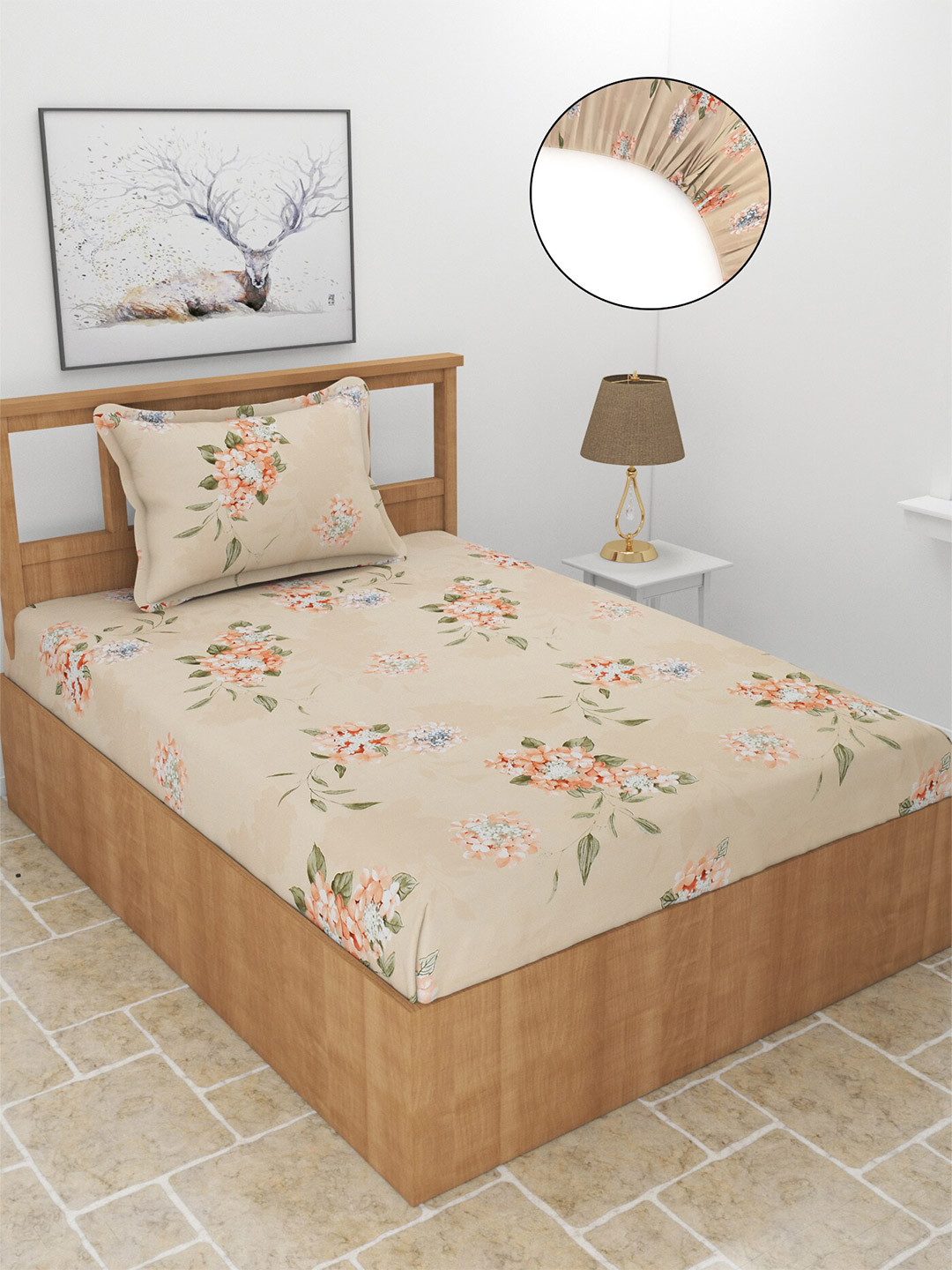 BREVARD Maple Peach Floral Polycotton 210 TC Fitted Single Fine Bedsheet with a Pillow Cover-36 x 72 inches