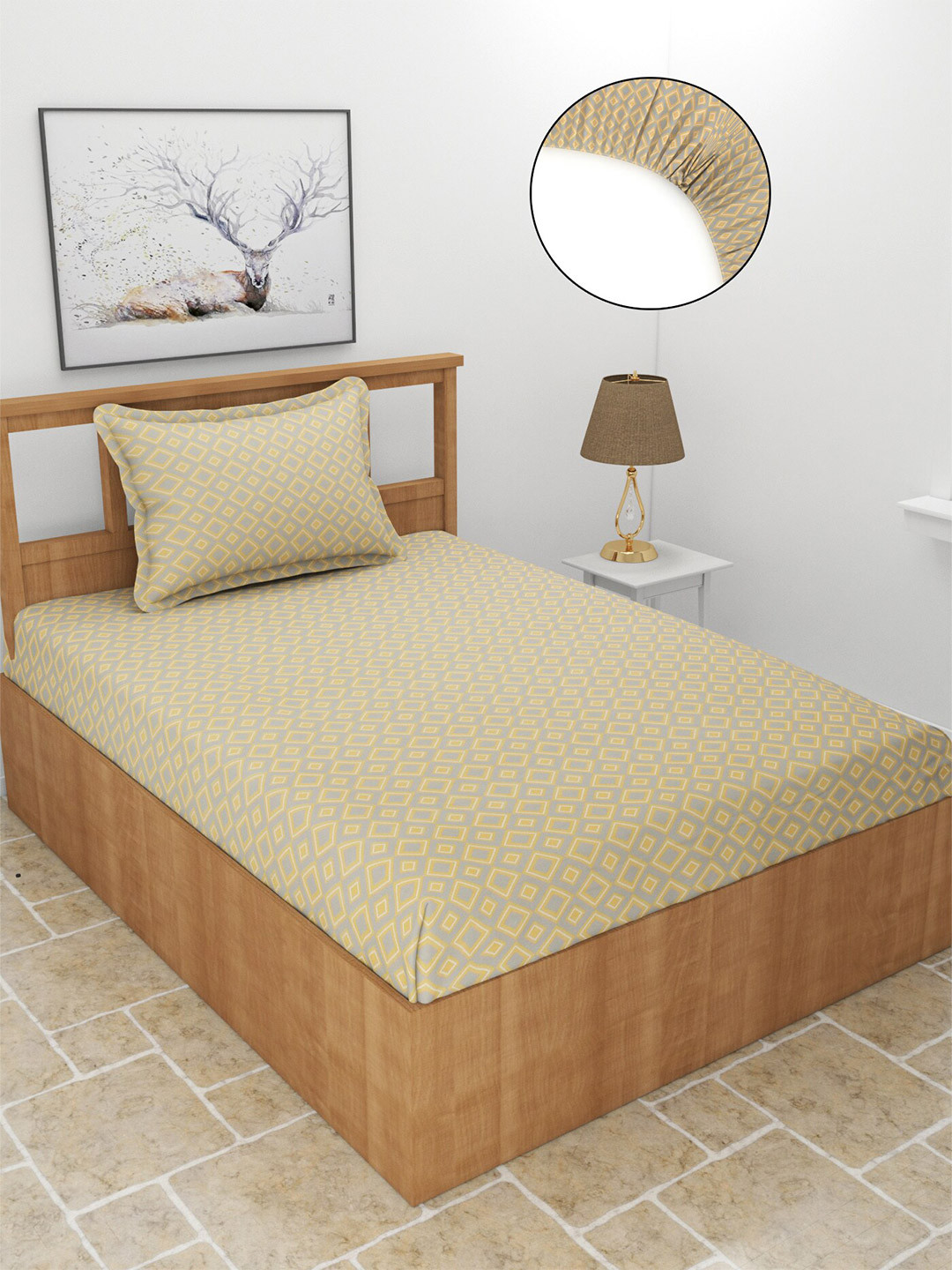 BREVARD Maple Beige Geometric Polycotton 210 TC Fitted Single Fine Bedsheet with a Pillow Cover-182 x 91 x 200 cm