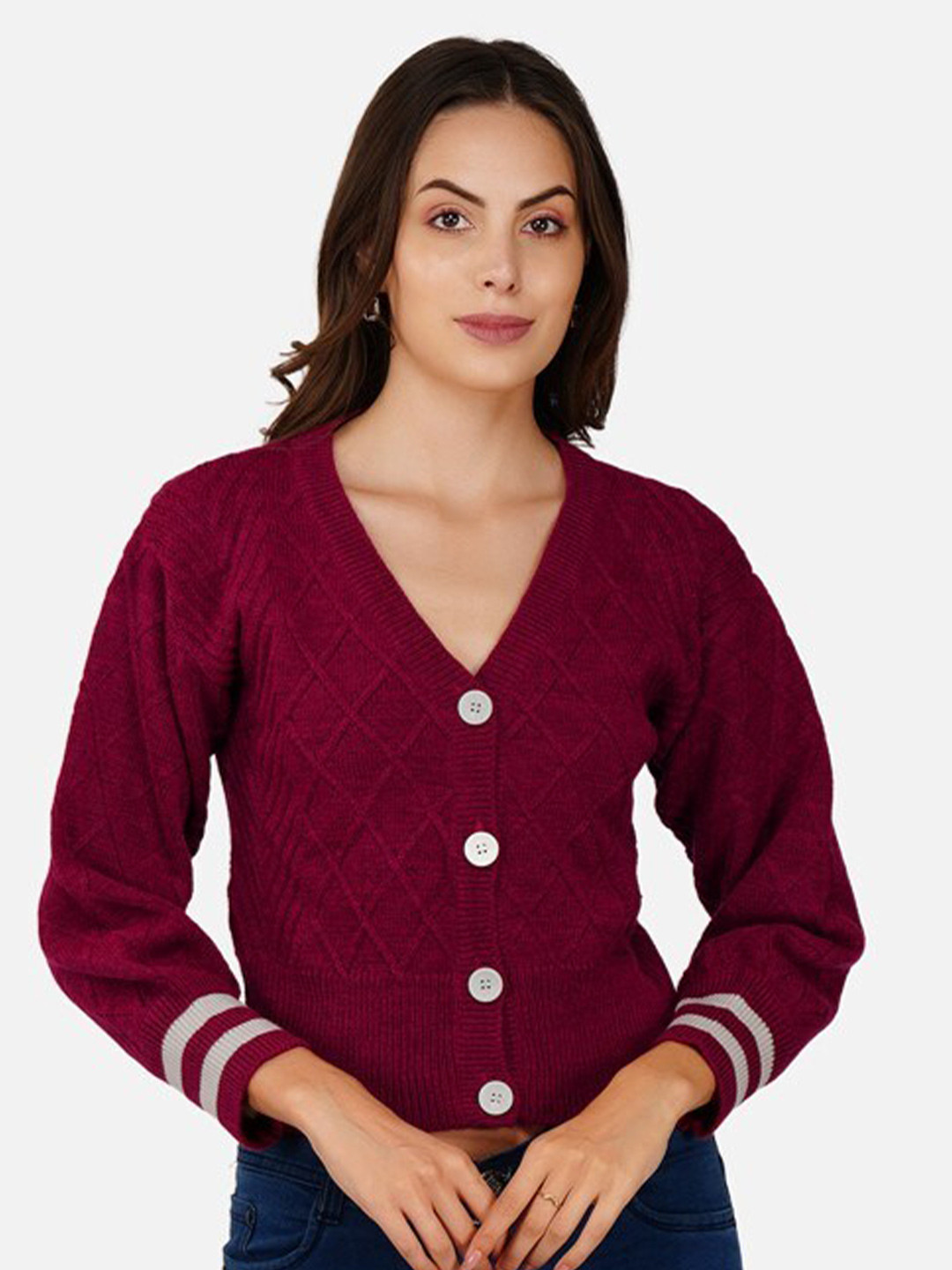 JoE Hazel Checked V-Neck Acrylic Crop Cardigan